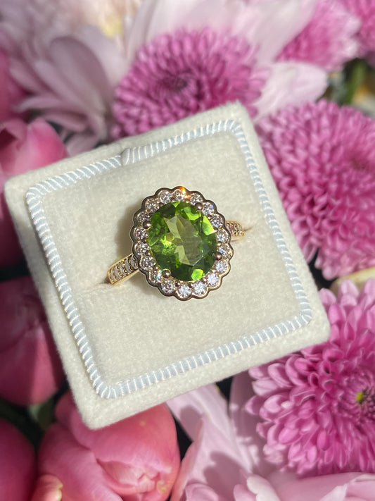 2.96 Carat Peridot and Natural Diamond Halo Ring in 18ct Yellow Gold