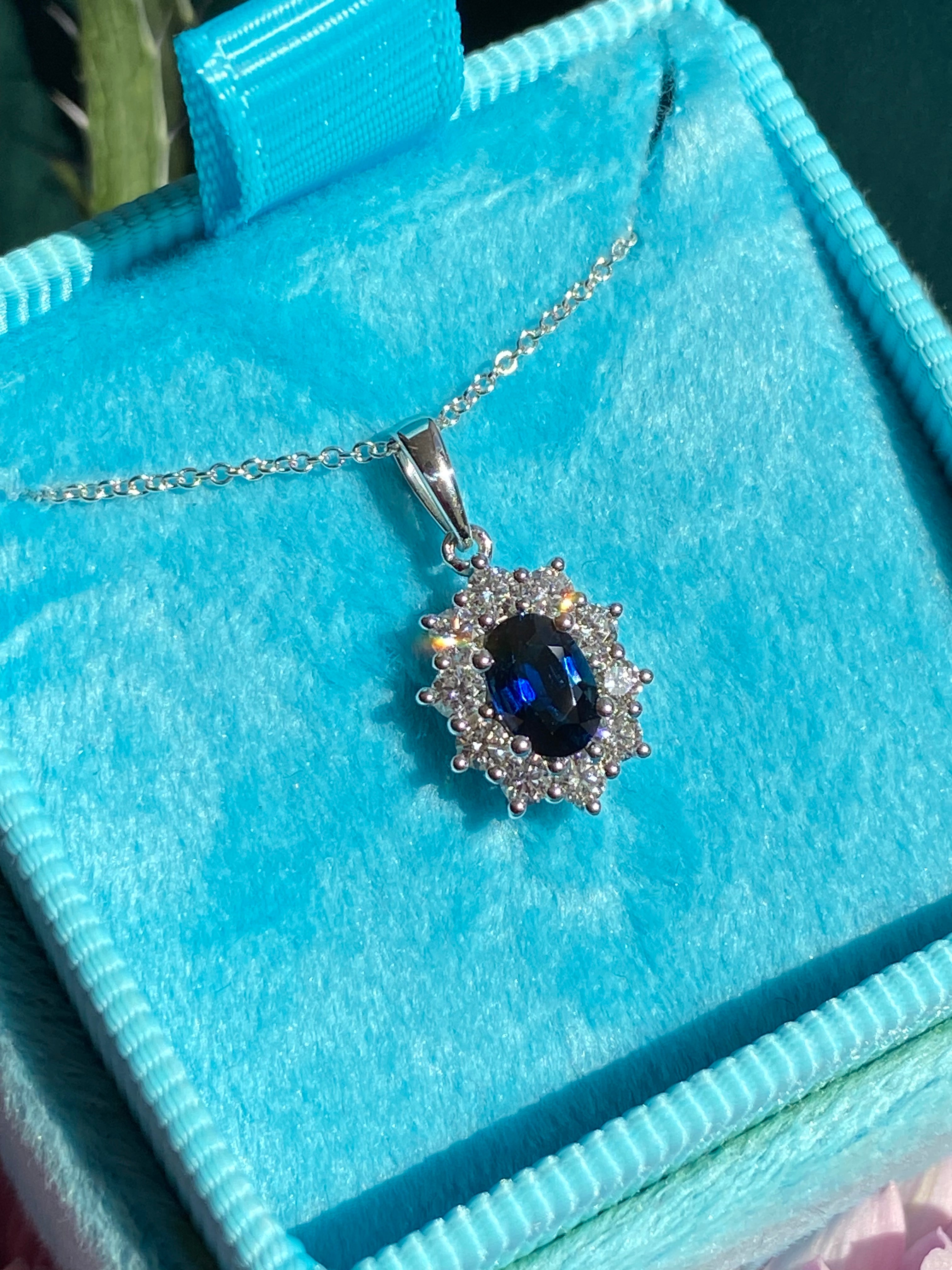 1.02 CTW Sapphire and Natural Diamond Pendant Necklace in 18ct White Gold