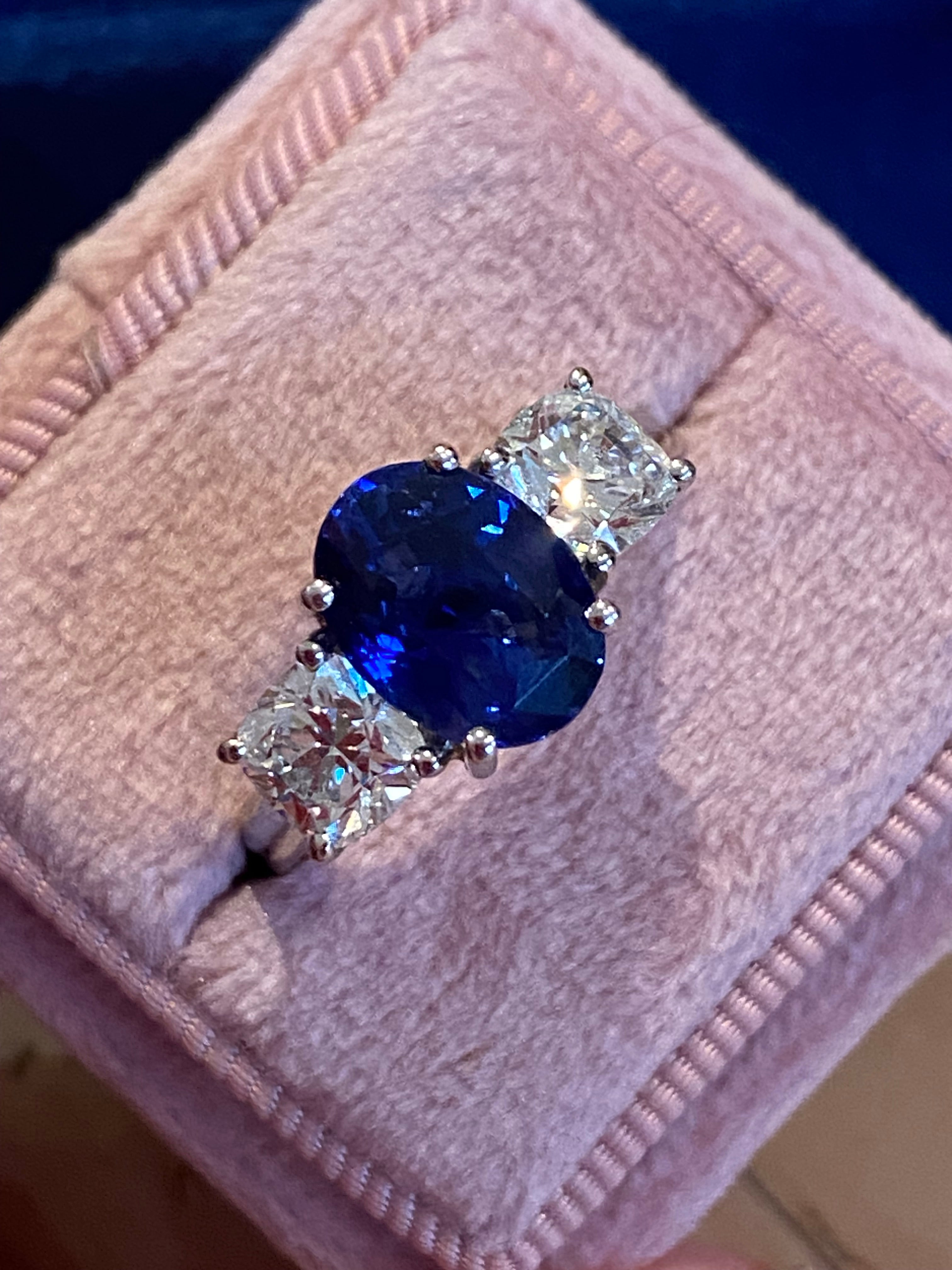4.33 CTW Blue Ceylon Sapphire and Natural Diamond Three Stone Engagement Ring in Platinum