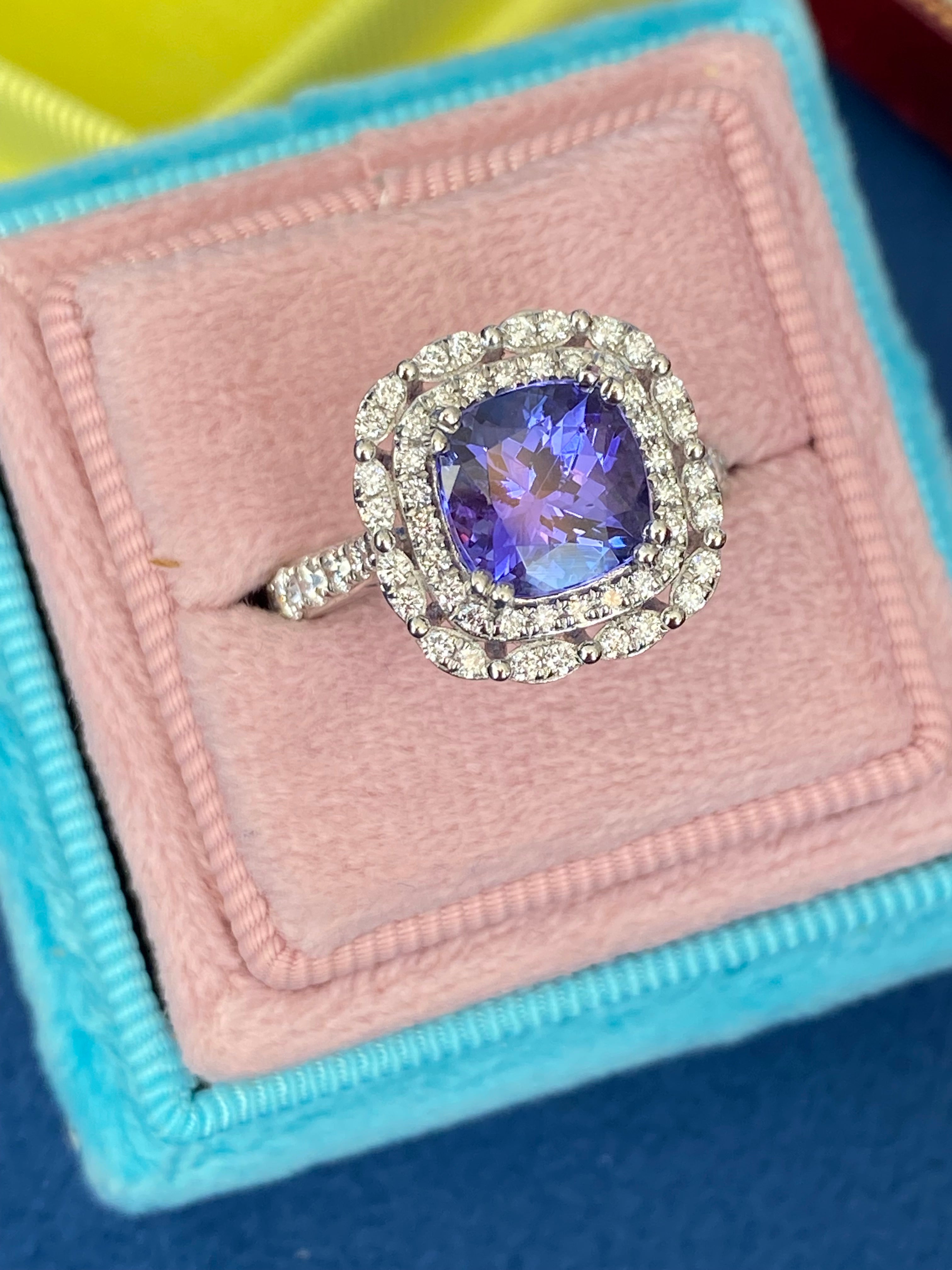 2.36 Carat Cushion Cut Tanzanite and 0.71 ctw Natural Diamond Ring in Platinum
