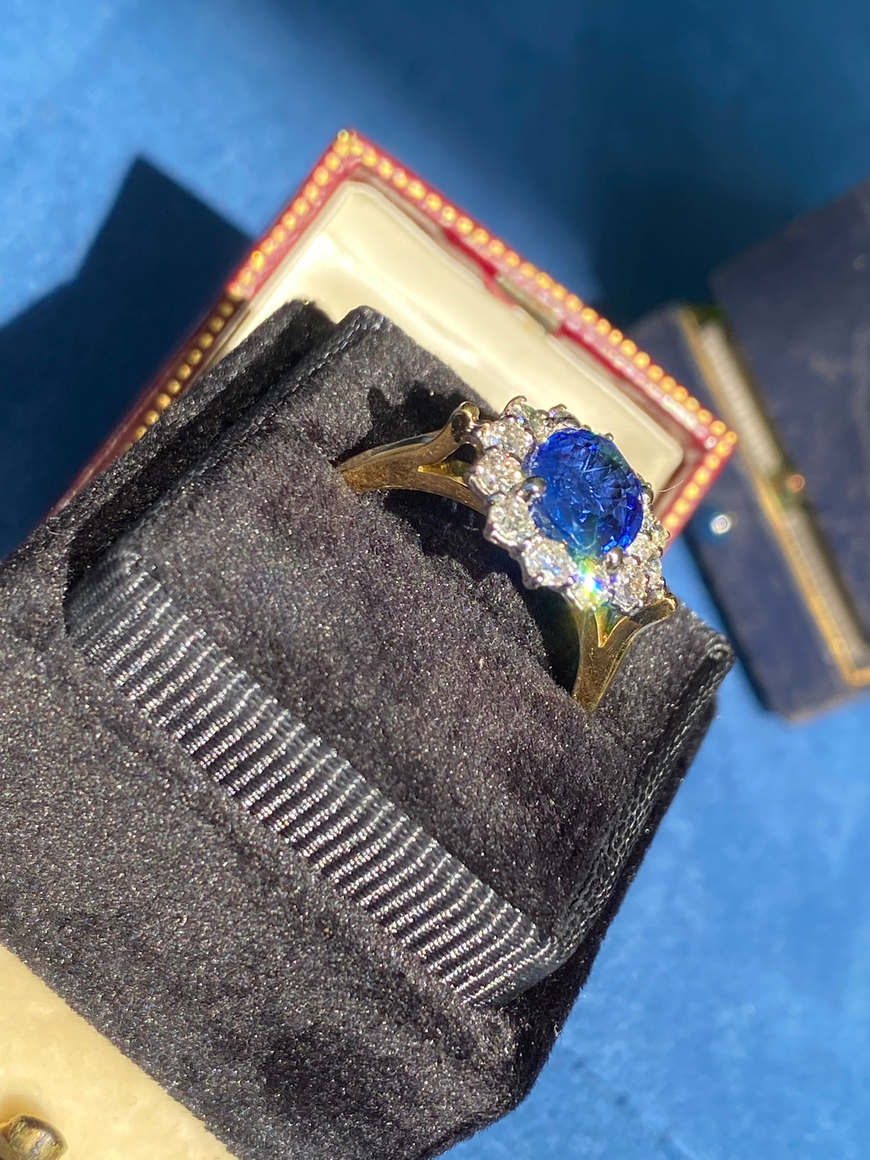 3.31 CTW Ceylon Sapphire and Natural Diamond Halo Ring in 18ct Gold
