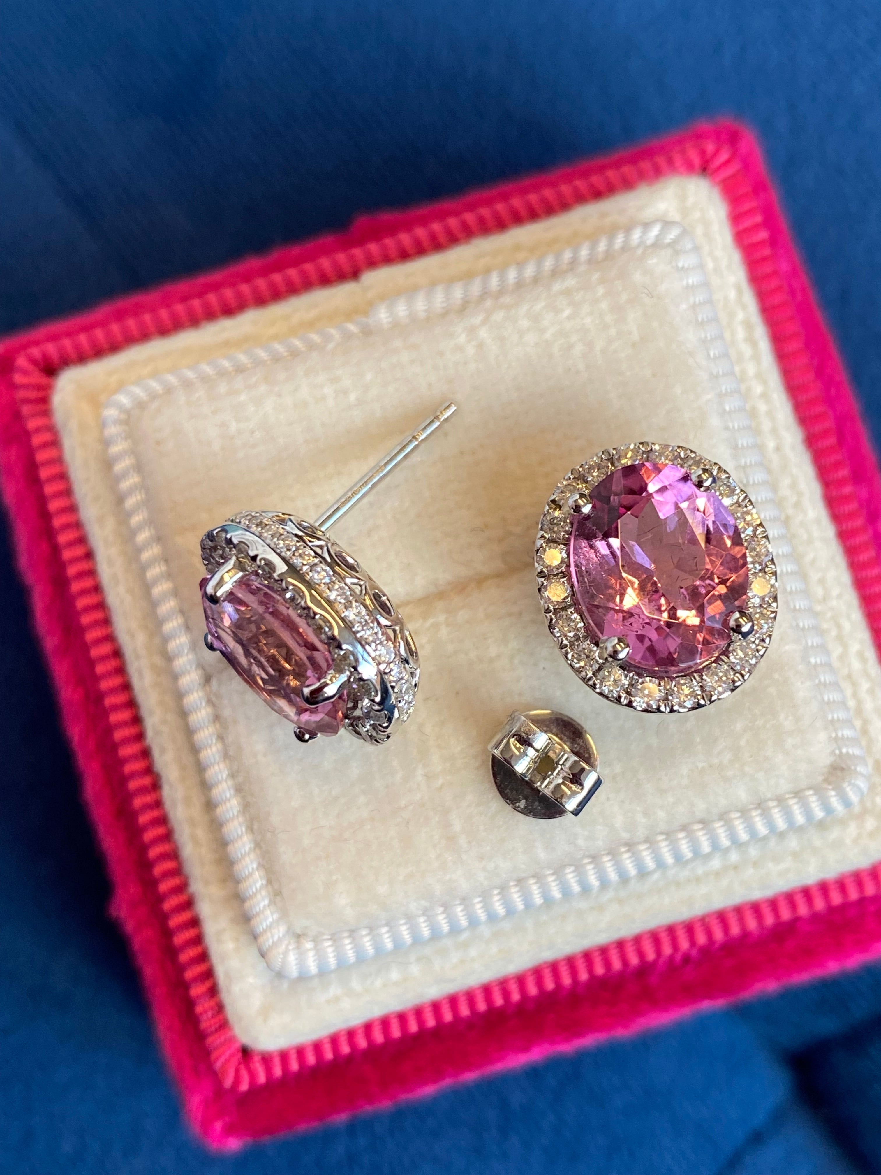5.90 CTW Pink Tourmaline and Diamond Halo Stud Earrings in Platinum