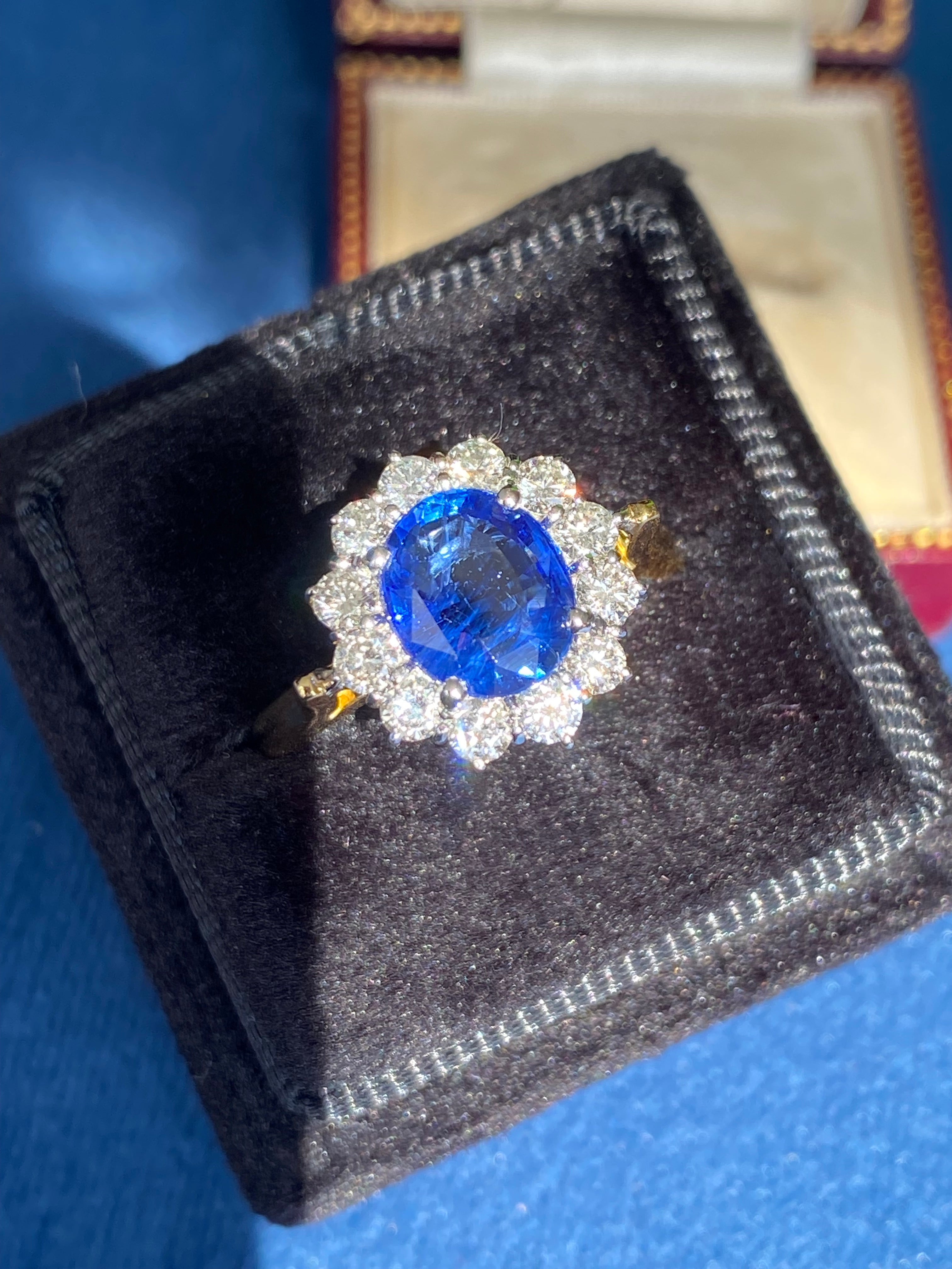 3.31 CTW Ceylon Sapphire and Natural Diamond Halo Ring in 18ct Gold