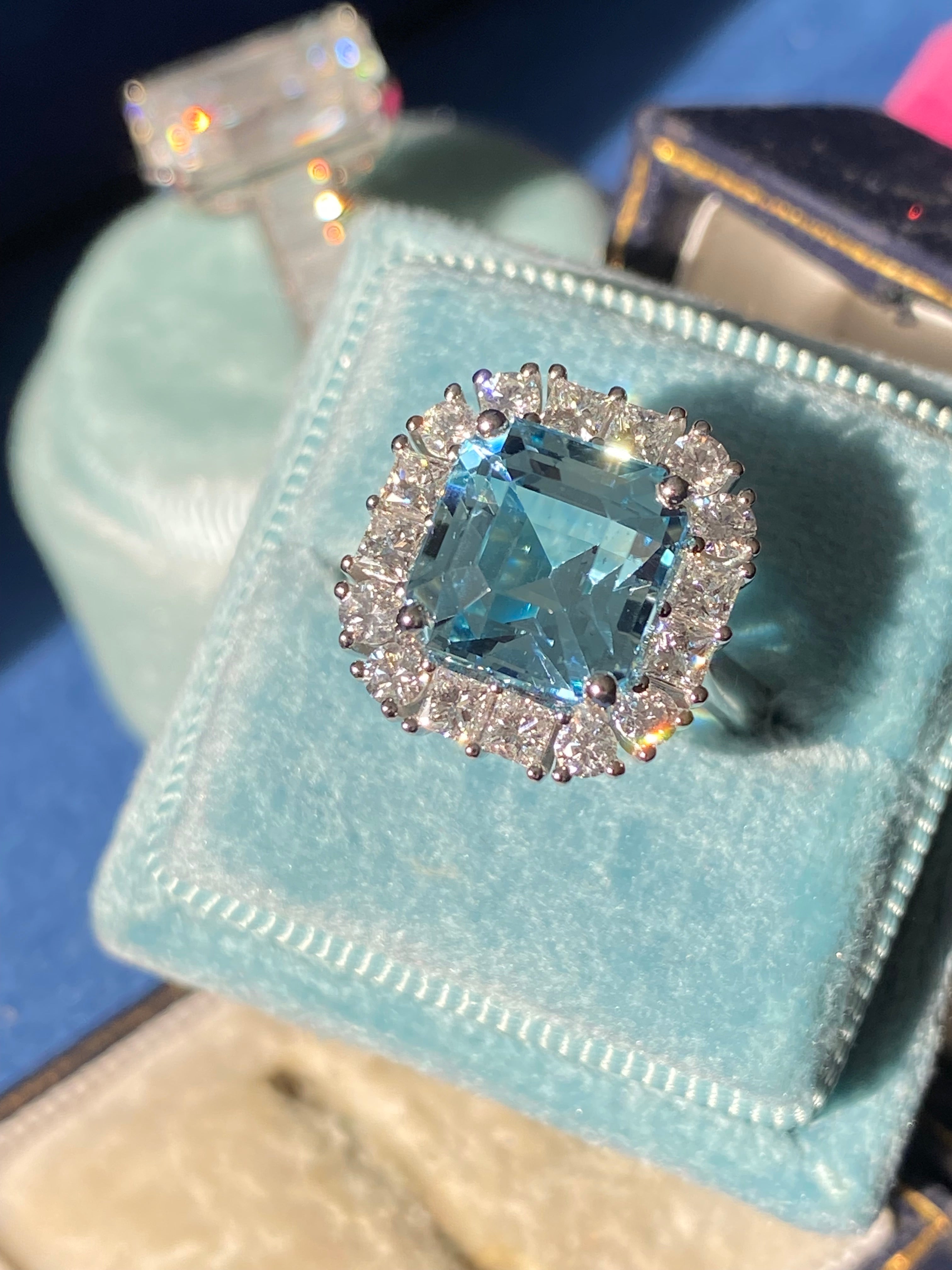 6.11 CTW Emerald Cut Aquamarine and Natural Diamond Halo Engagement Ring in Platinum