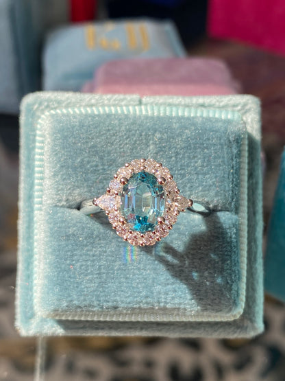 1.78 Carat Blue Zircon and Natural Diamond Halo Ring in Platinum