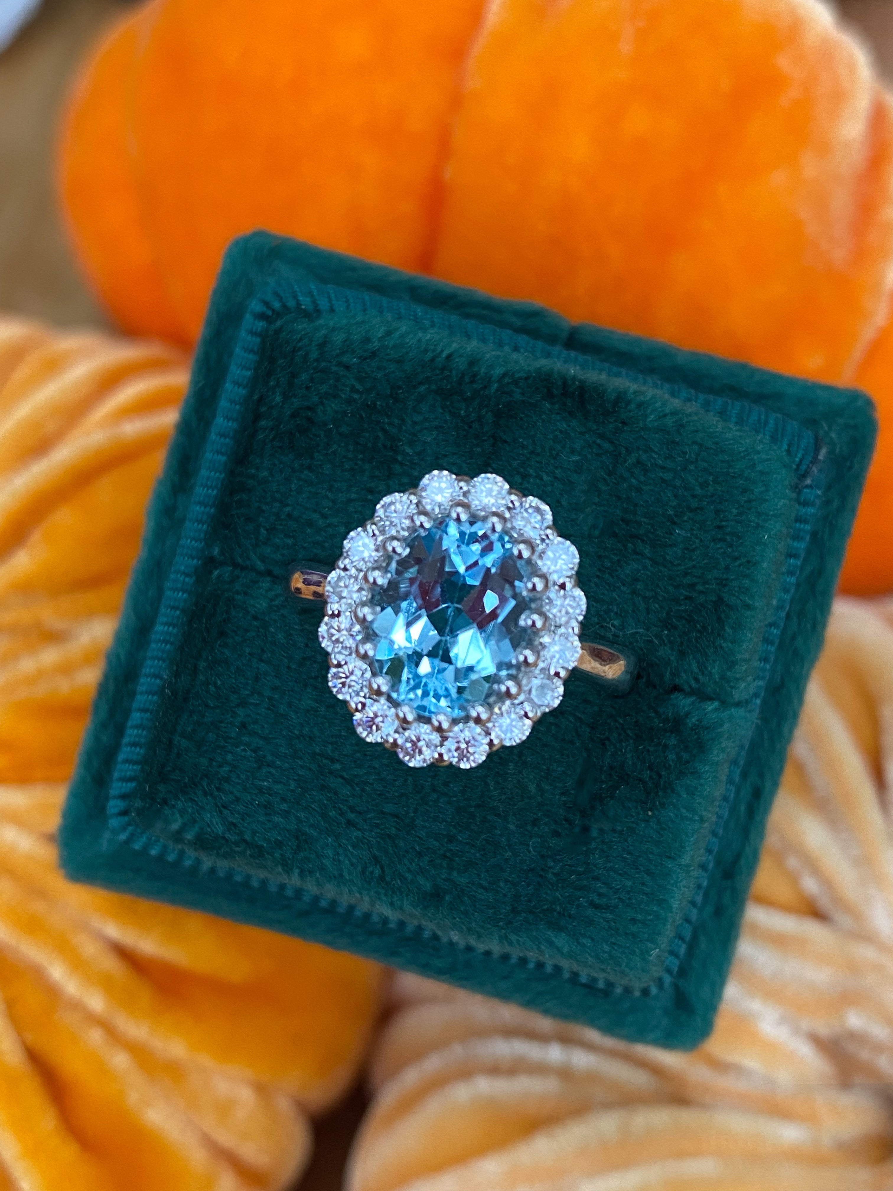 2.33 CTW Oval Cut Blue Topaz and Moissanite Halo Cluster Ring in Sterling Silver