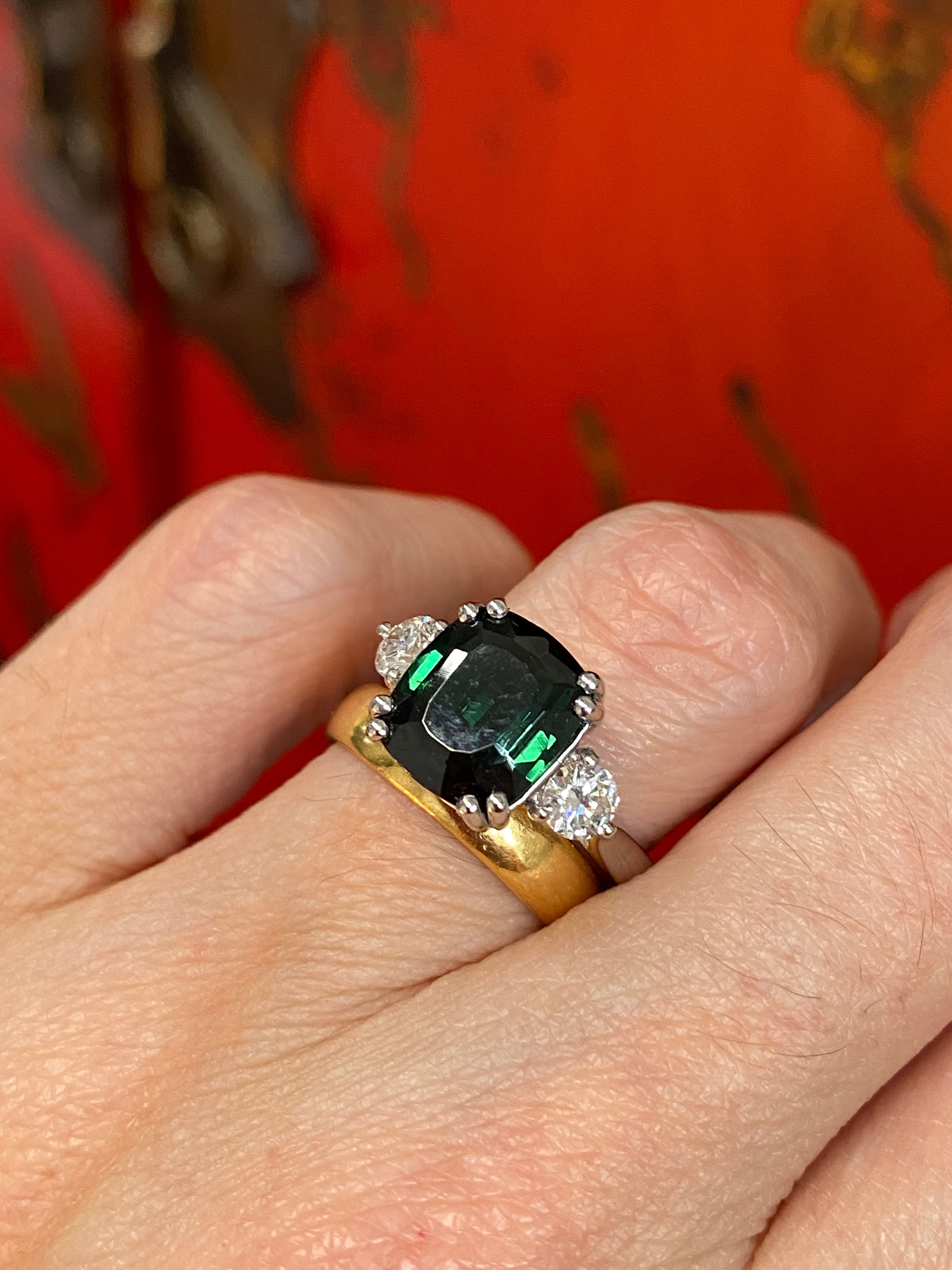 3.97 Carat Green Tourmaline and Natural Diamond Ring in Platinum