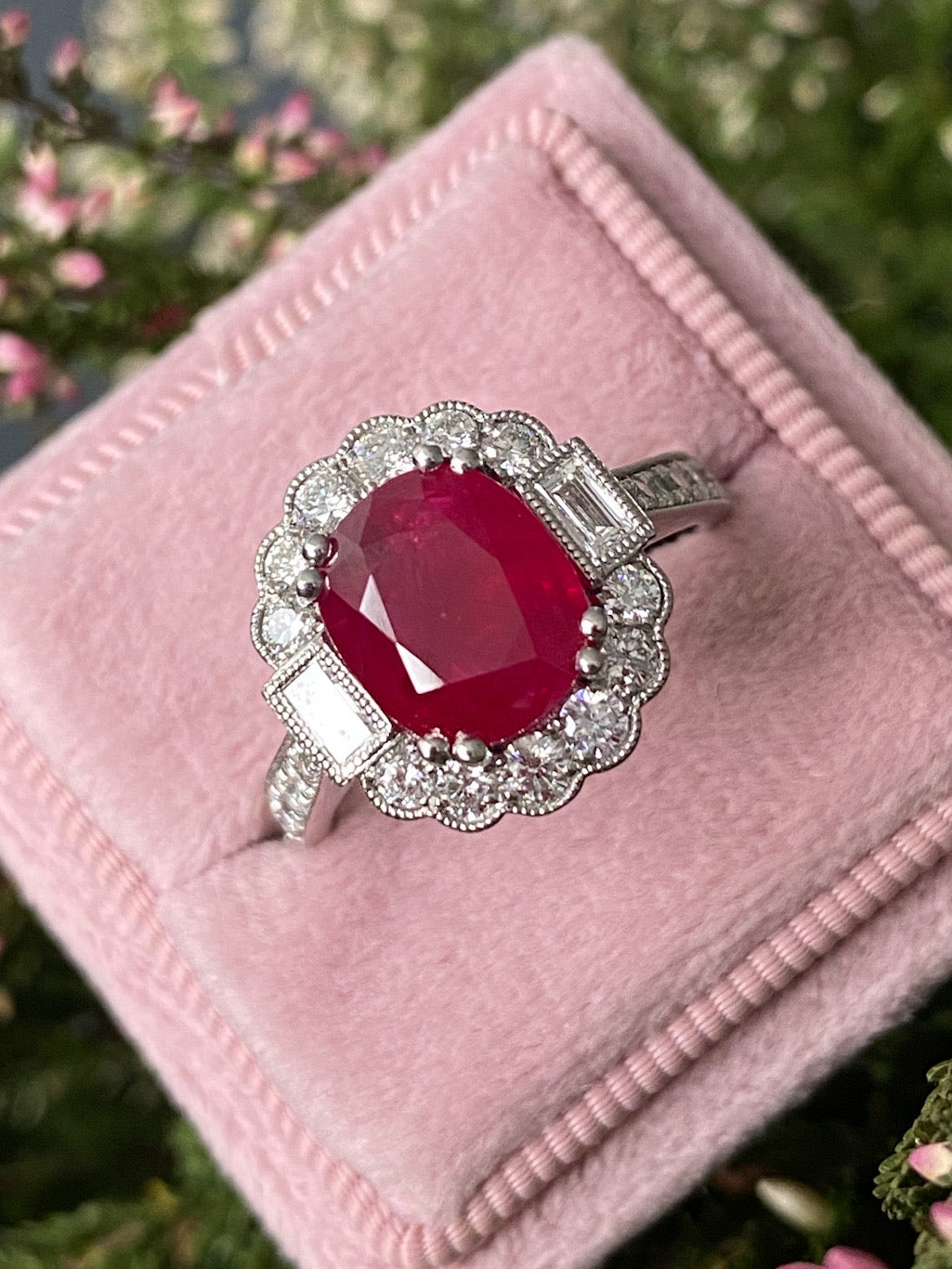 3.54 Carat Oval-Cut Ruby and 0.77 ctw Natural Diamond Halo Ring in Platinum
