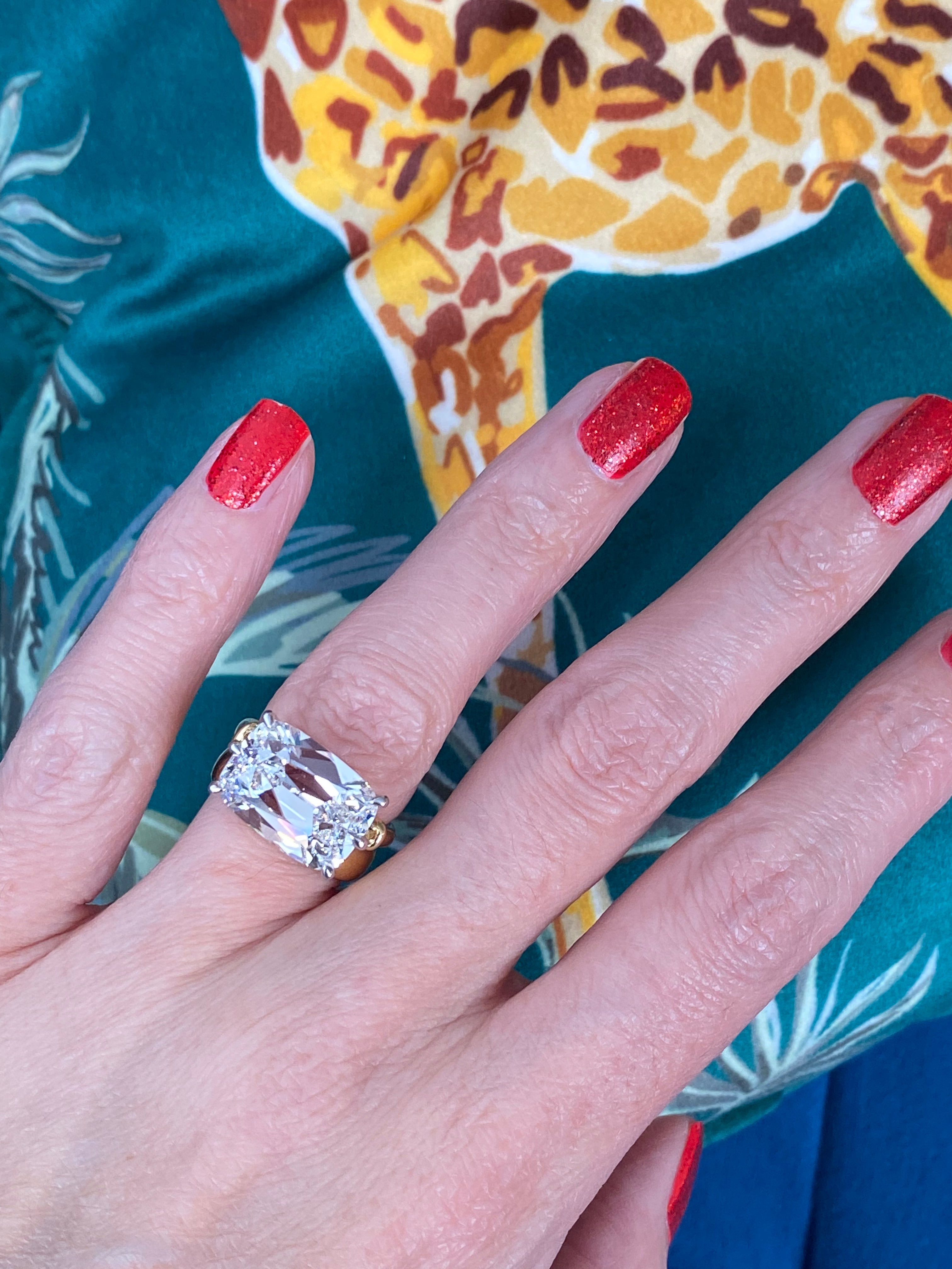 8.09 Carat Old Mine Cut Lab Diamond East West Solitaire Engagement Ring in 18ct Yellow Gold and Platinum
