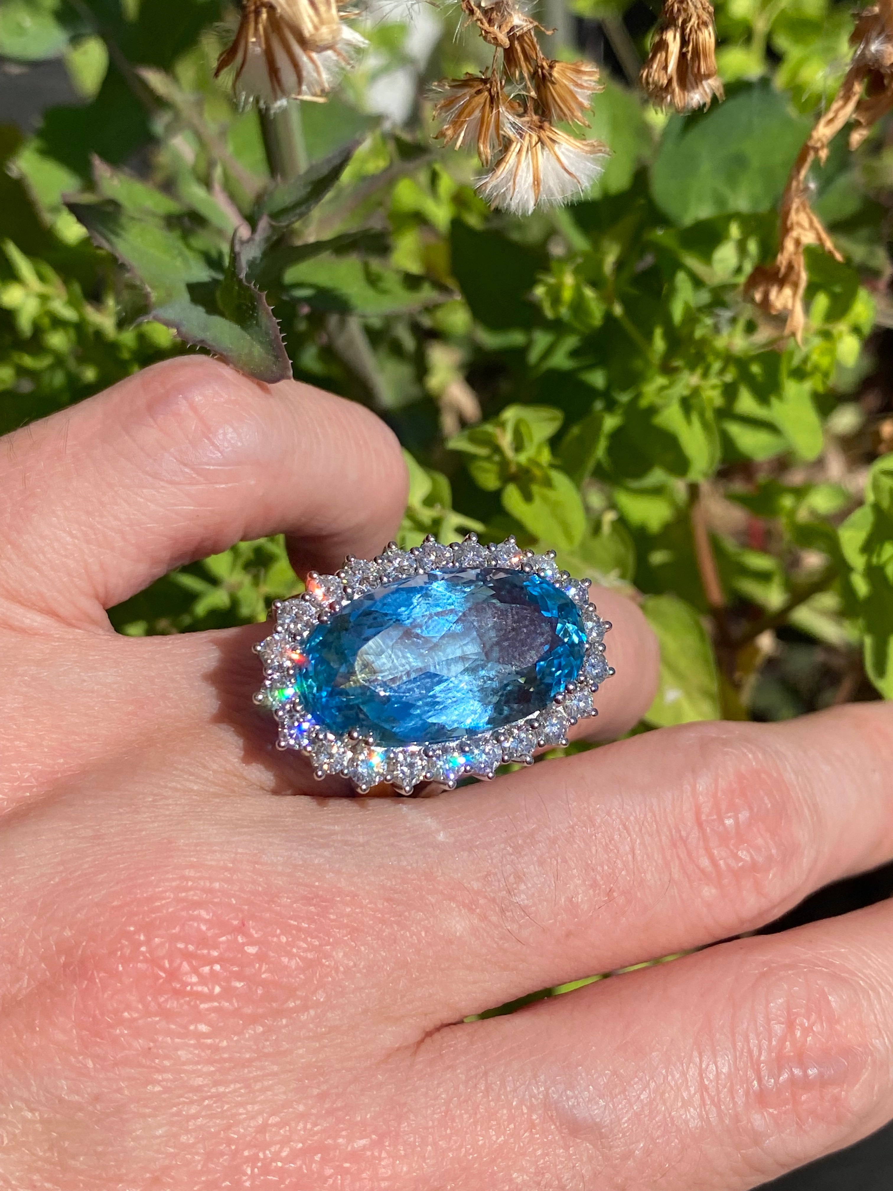15.48 Carat Certified Santa Maria Aquamarine and 1.87ctw Natural Diamond Halo Ring in Platinum