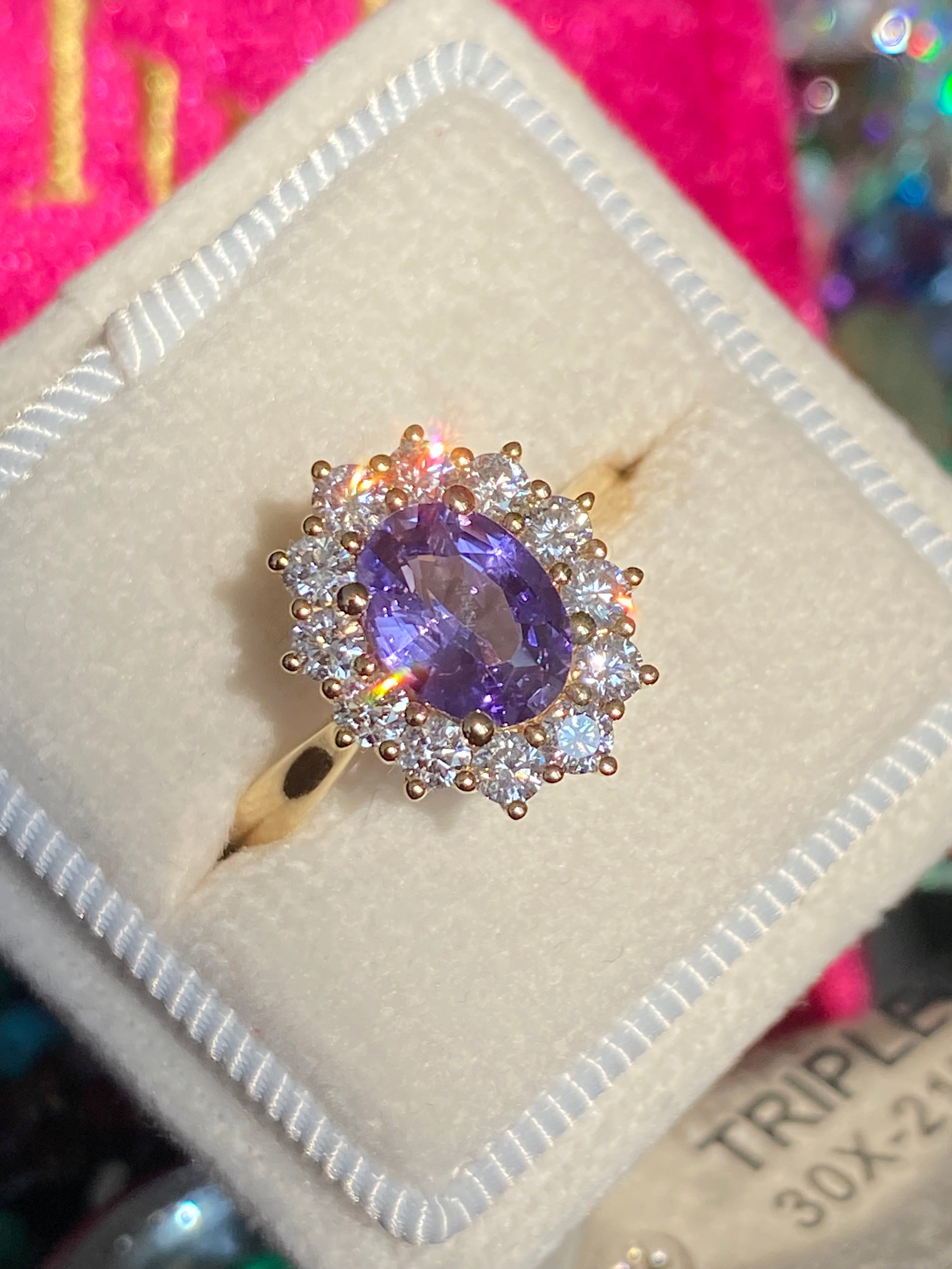 2.08 CTW Violet Sapphire and Natural Diamond Halo Ring in 18ct Yellow Gold
