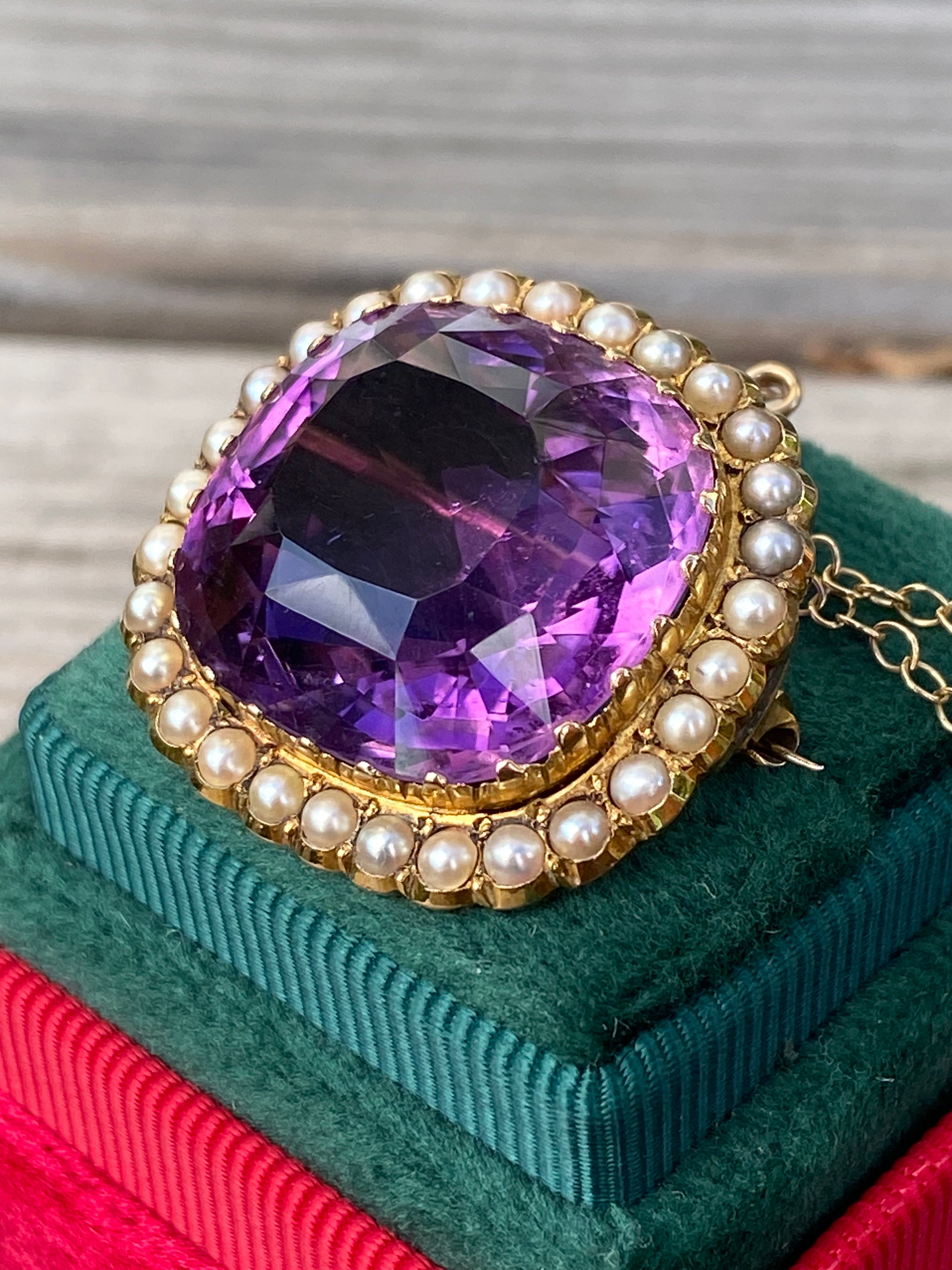 Antique 30.00ct Amethyst and Seed Pearl Brooch in 18ct Yellow Gold