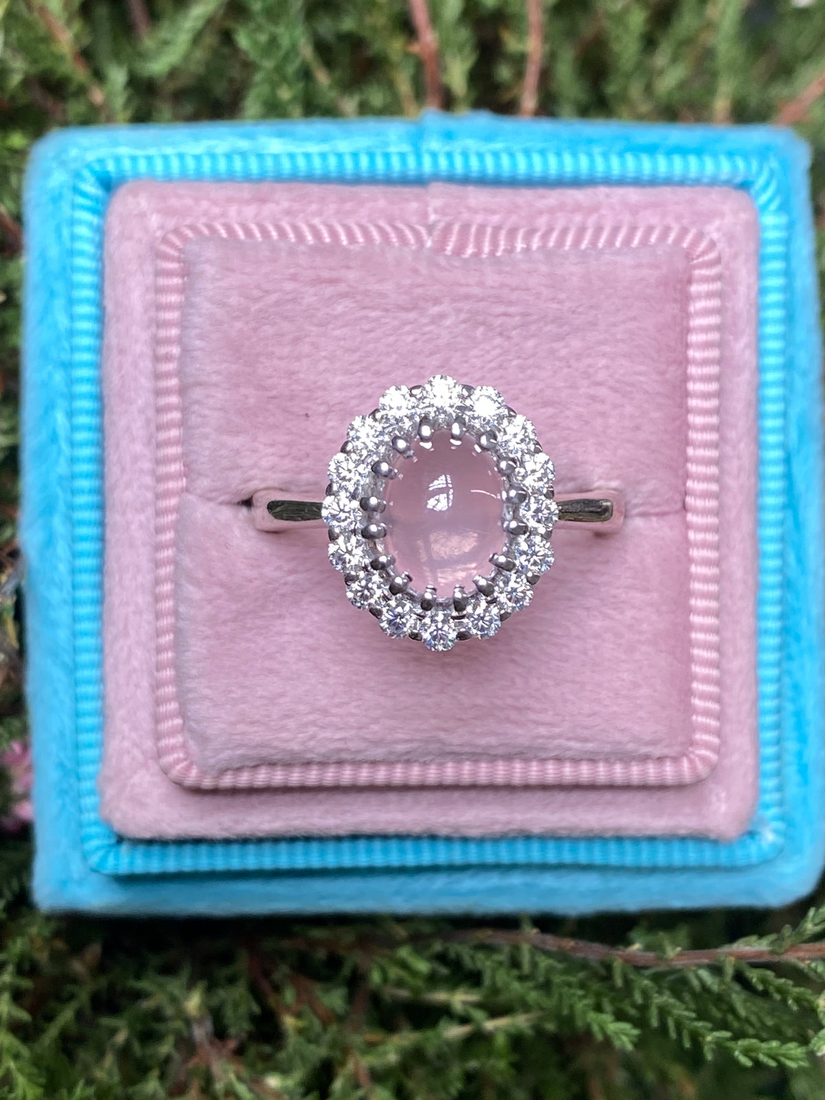 3.50 CTW Oval Cabochon Cut Rose Quartz and Moissanite Halo Cocktail Ring
