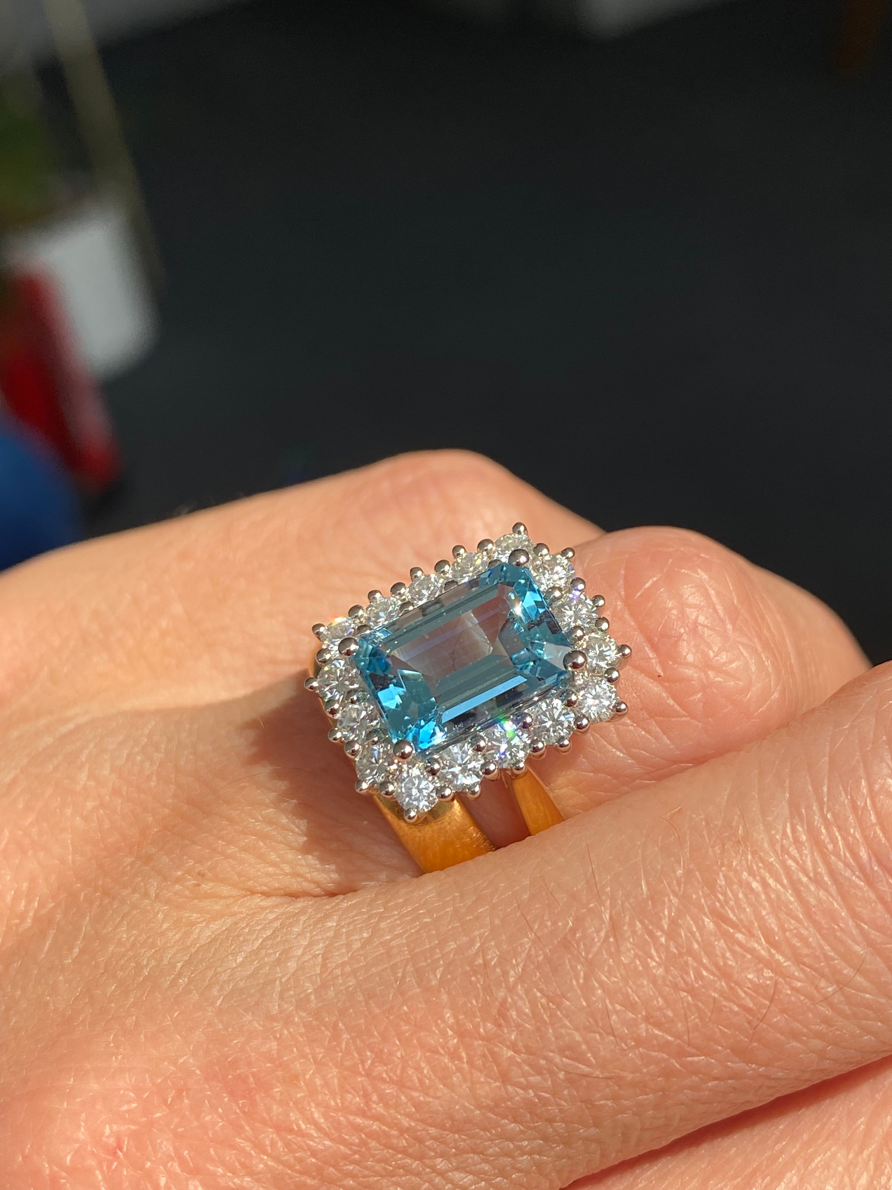 3.05 Carat Aquamarine and 0.89ctw Natural Diamond Halo Ring in Platinum and 18ct Yellow Gold