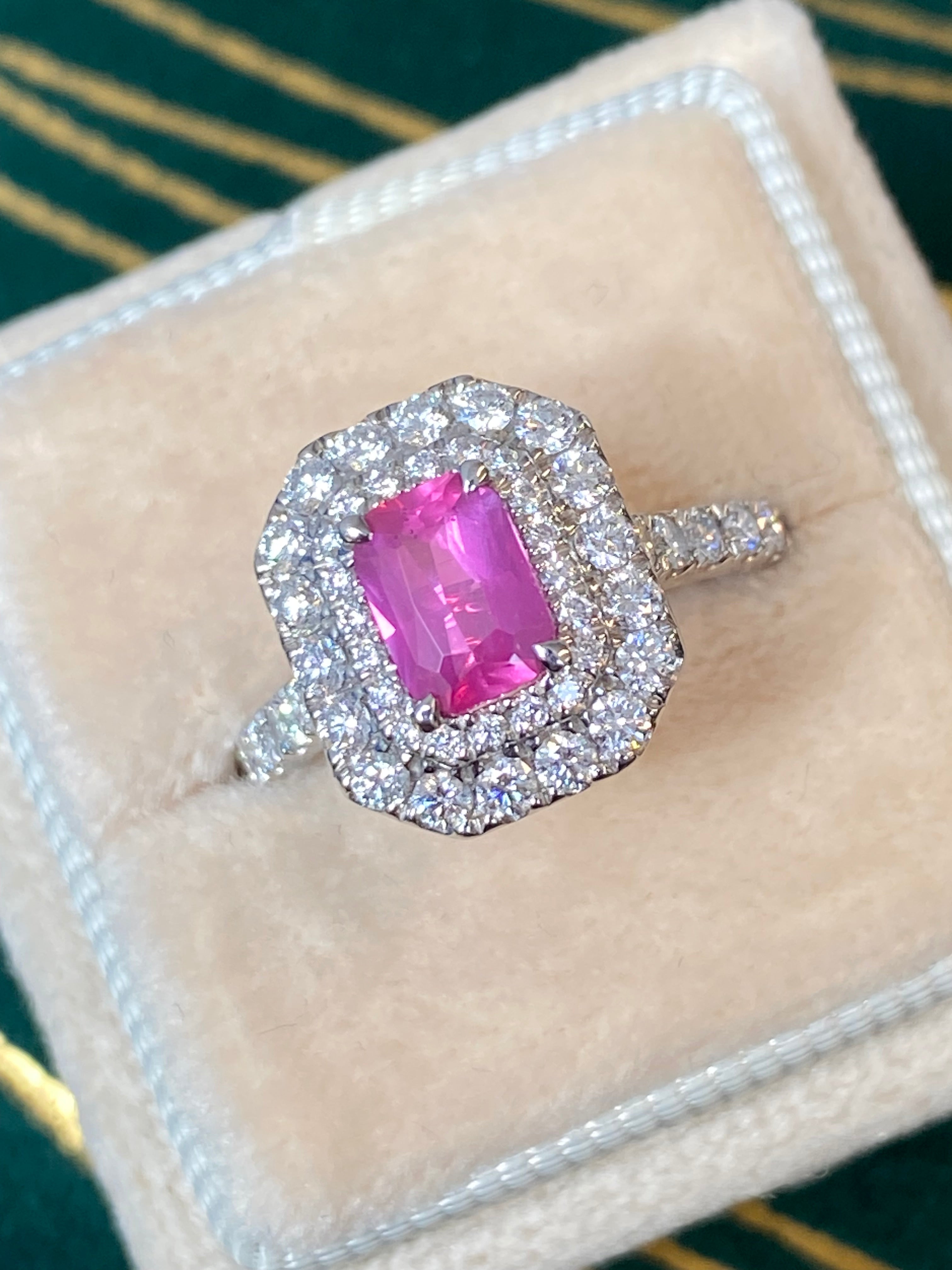1.75 CTW Radiant Cut Pink Sapphire and Natural Diamond Double Halo Ring in Platinum