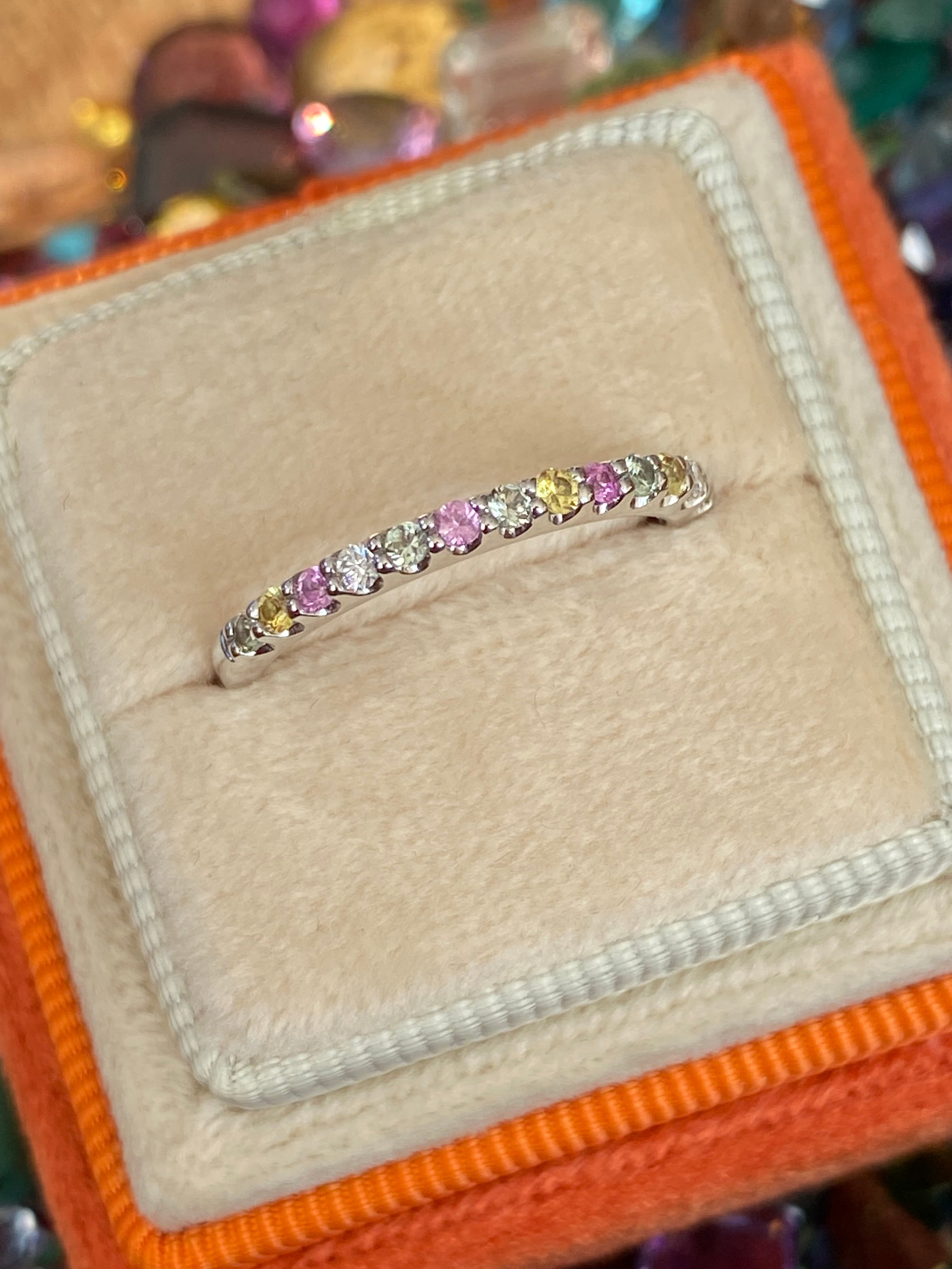 0.37 CTW Sweetshop Yellow, Pink, and Green Sapphire, and Natural Diamond Eternity Ring in 18ct White Gold