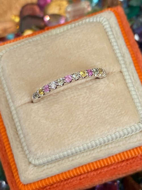 0.37 CTW Sweetshop Yellow, Pink, and Green Sapphire, and Natural Diamond Eternity Stacking Ring in 18ct White Gold