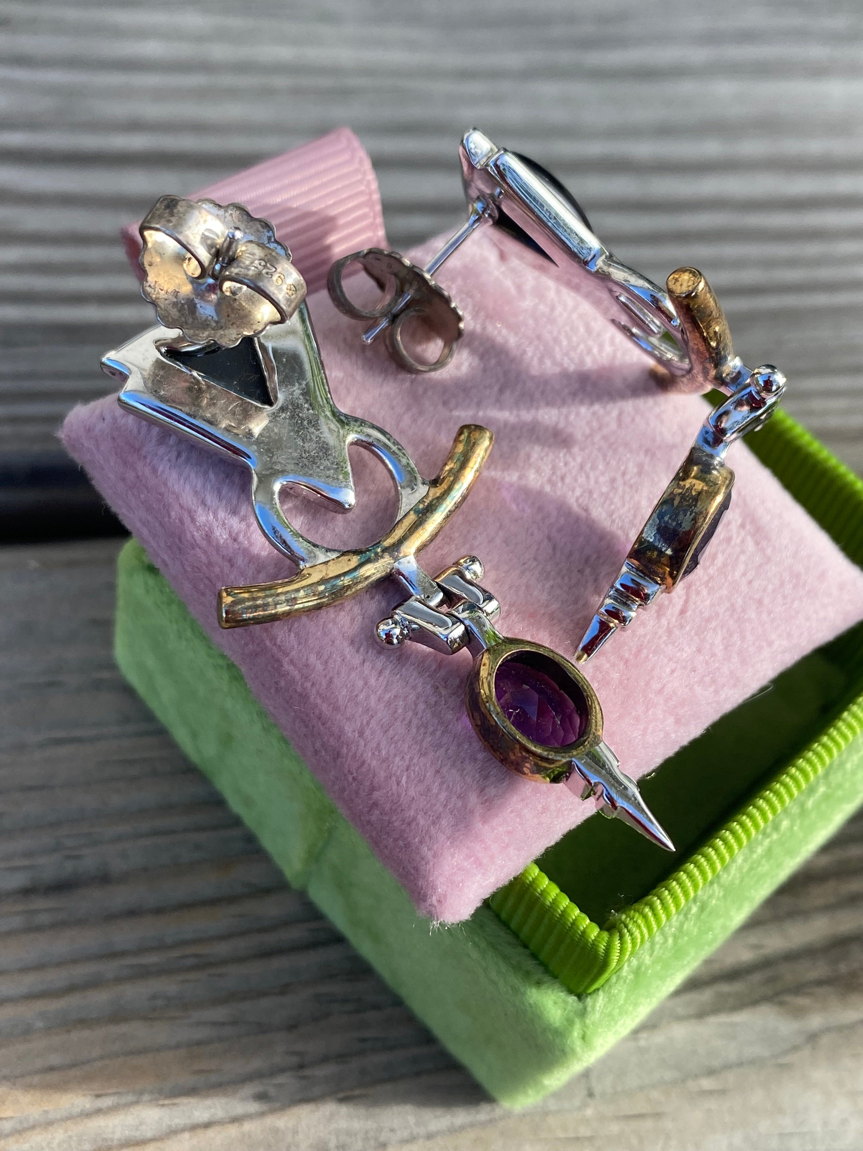 Statement 1980’s Amethyst and Black Onyx Earrings in Sterling Silver and 18ct Yellow Gold