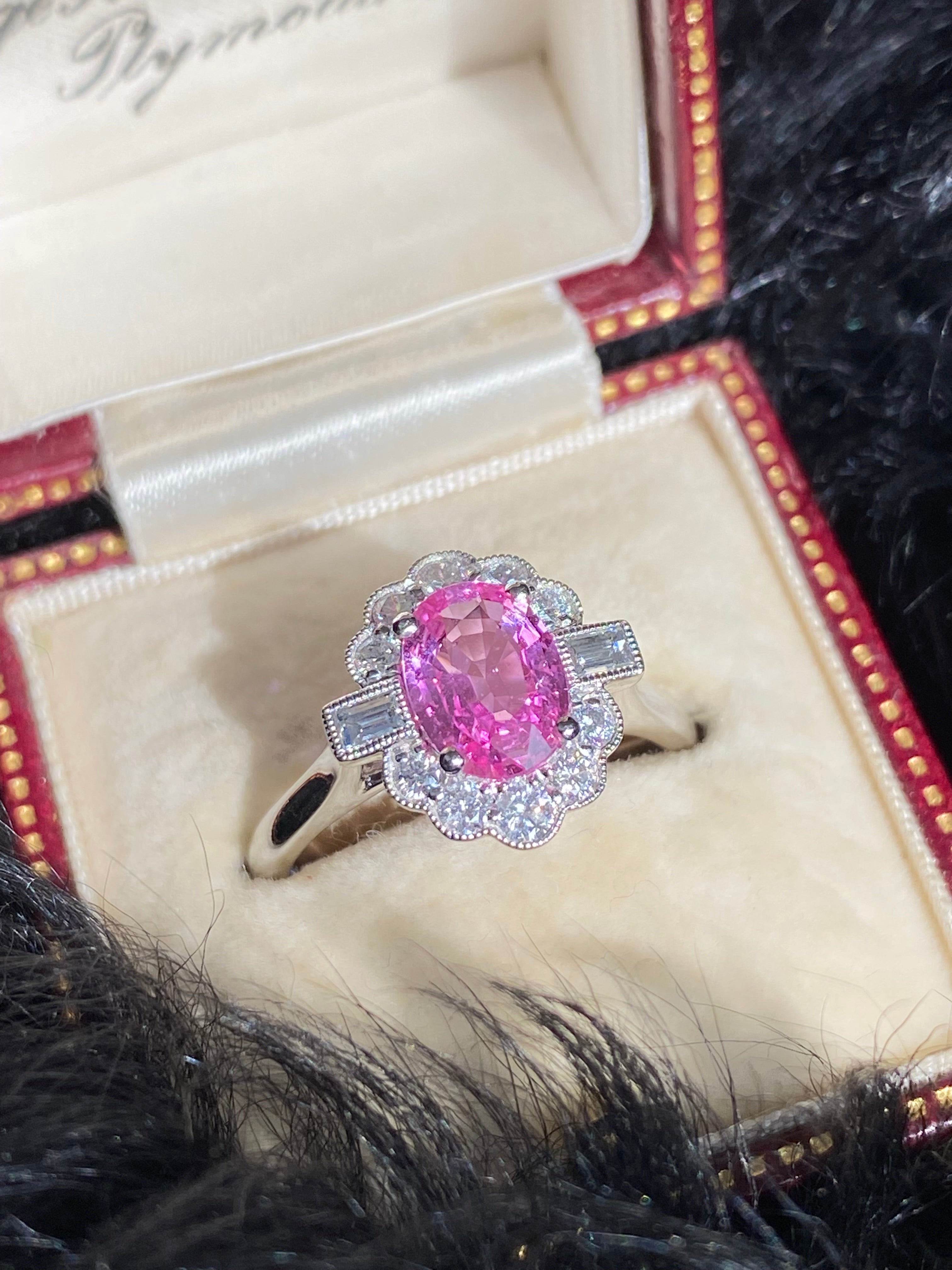 1.76 CTW Pink Sapphire and Diamond Art Deco Style Ring in Platinum