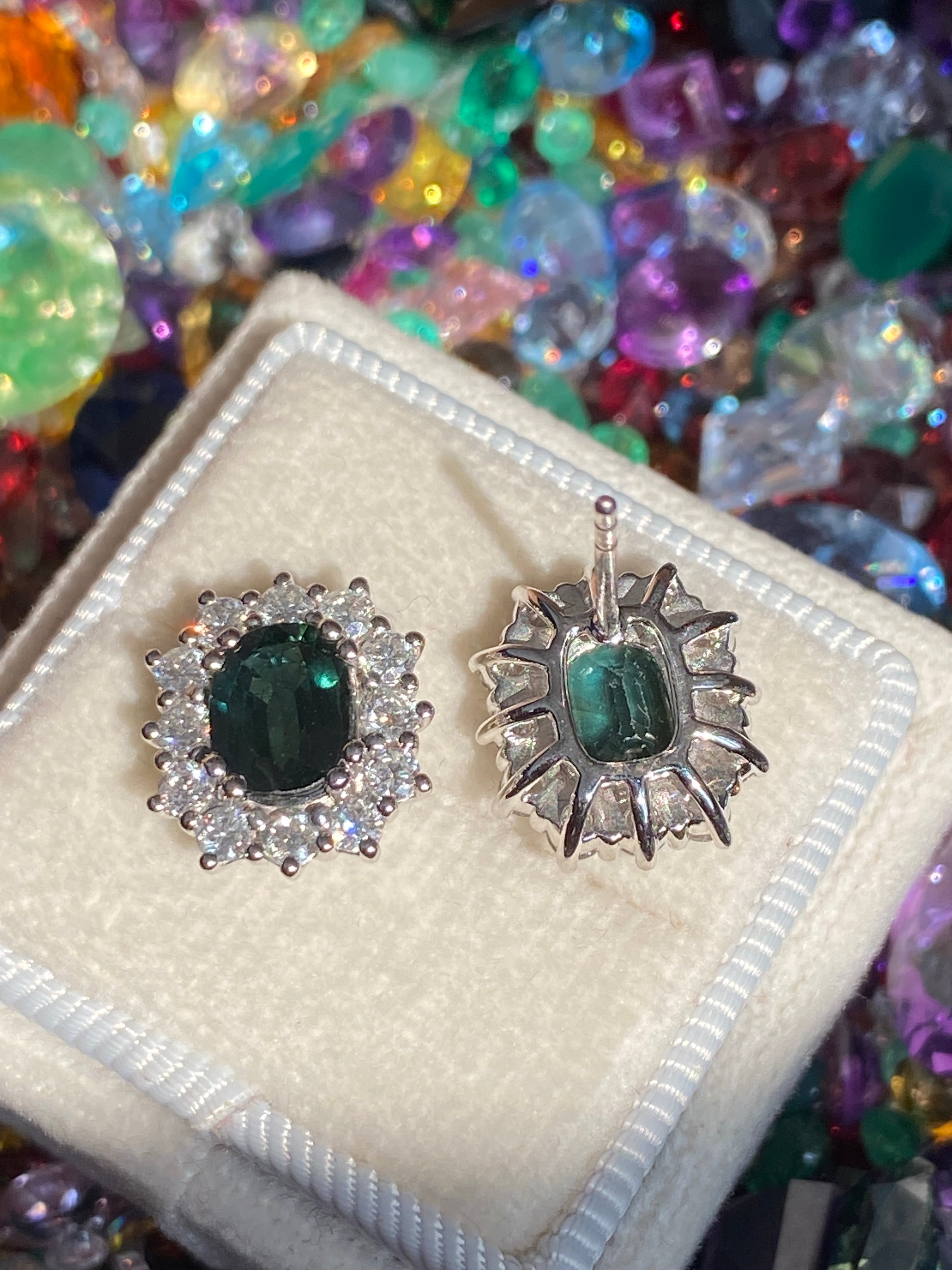 3.77 CTW Teal Sapphire and Natural Diamond Halo Stud Earrings in 18ct White Gold