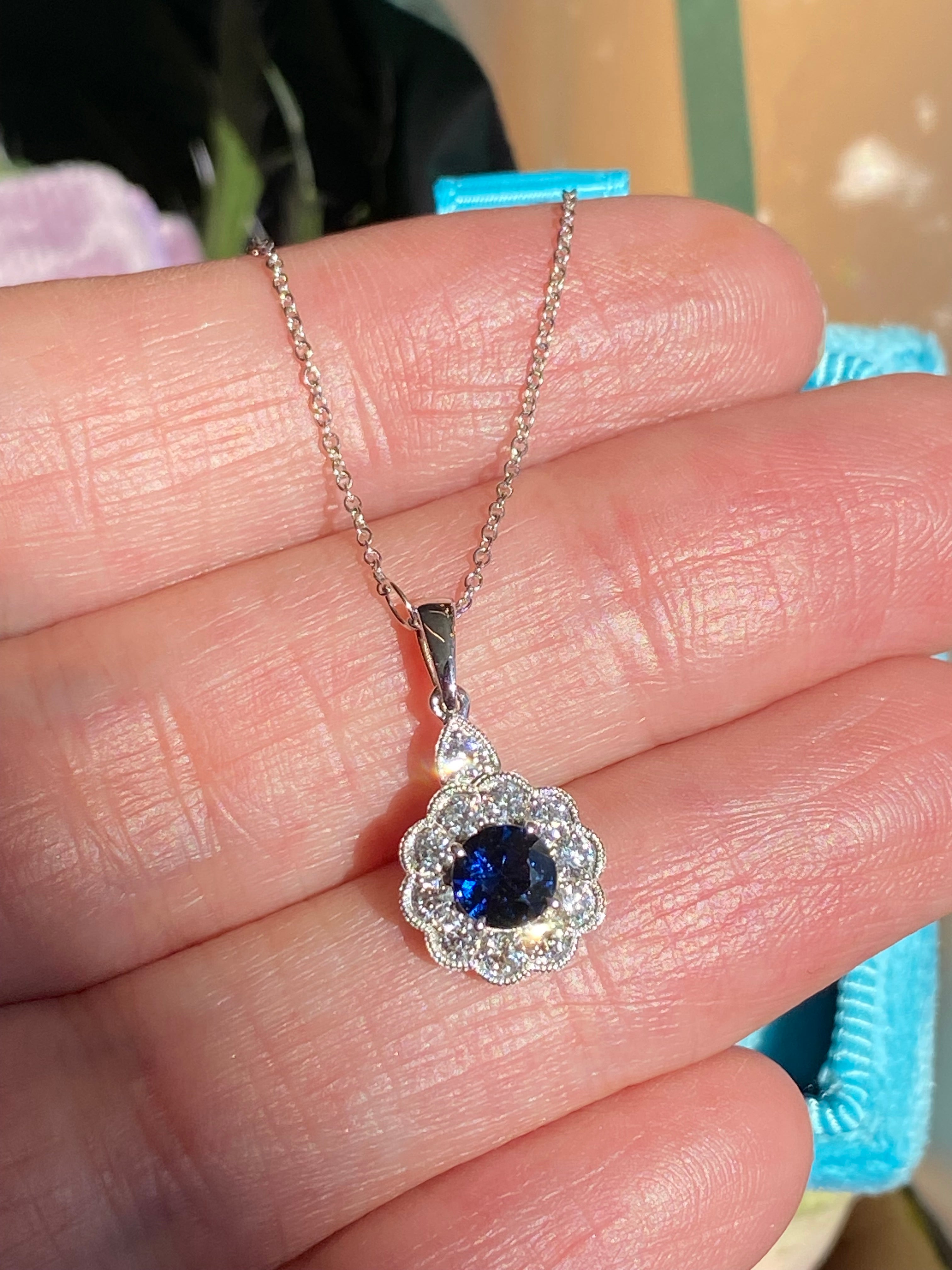 0.86 CTW Sapphire and Natural Diamond Pendant Necklace in 18ct White Gold