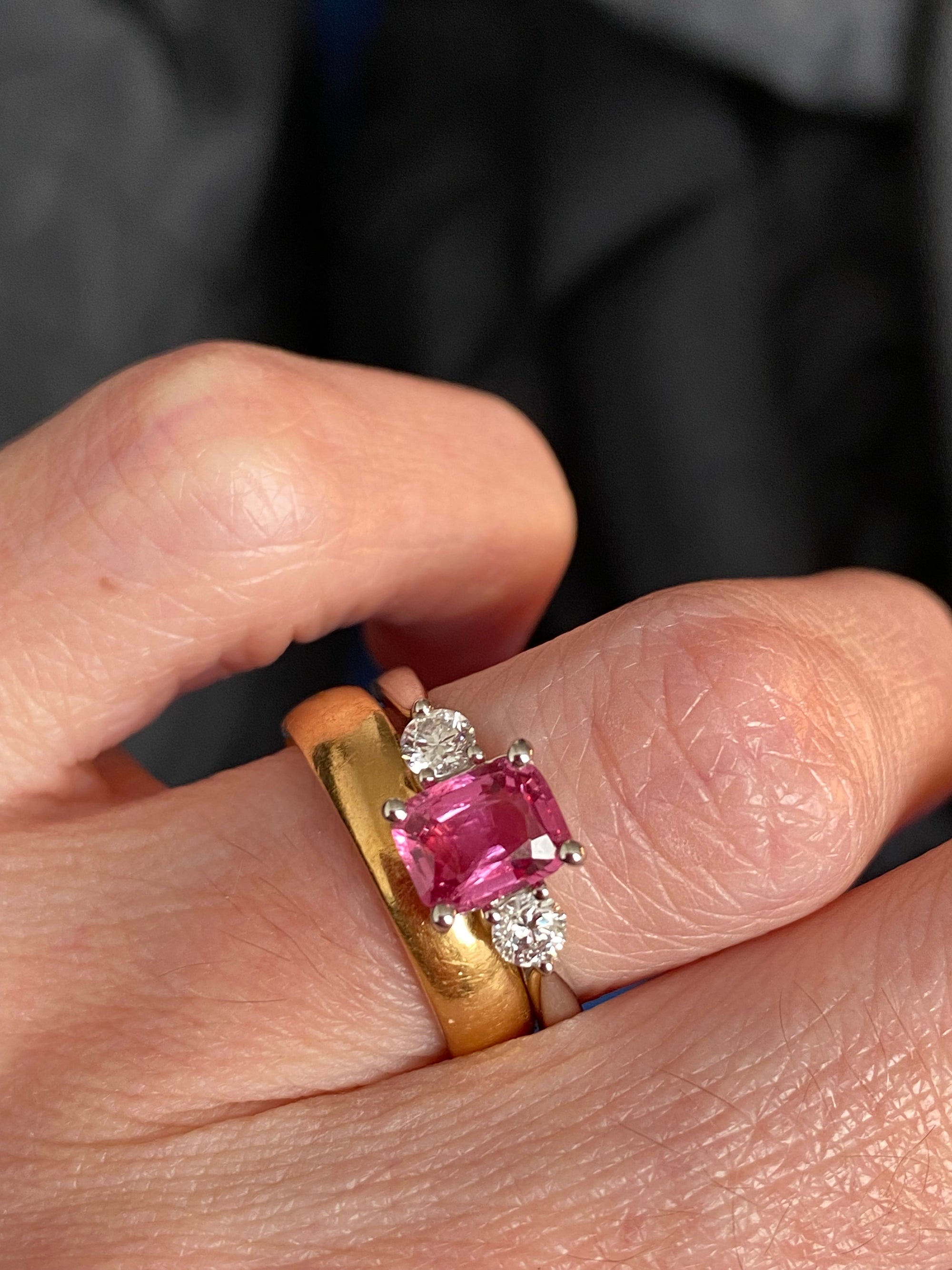 1.52 CTW Cushion Cut Ruby and Natural Diamond Three-Stone Engagement Ring in Platinum