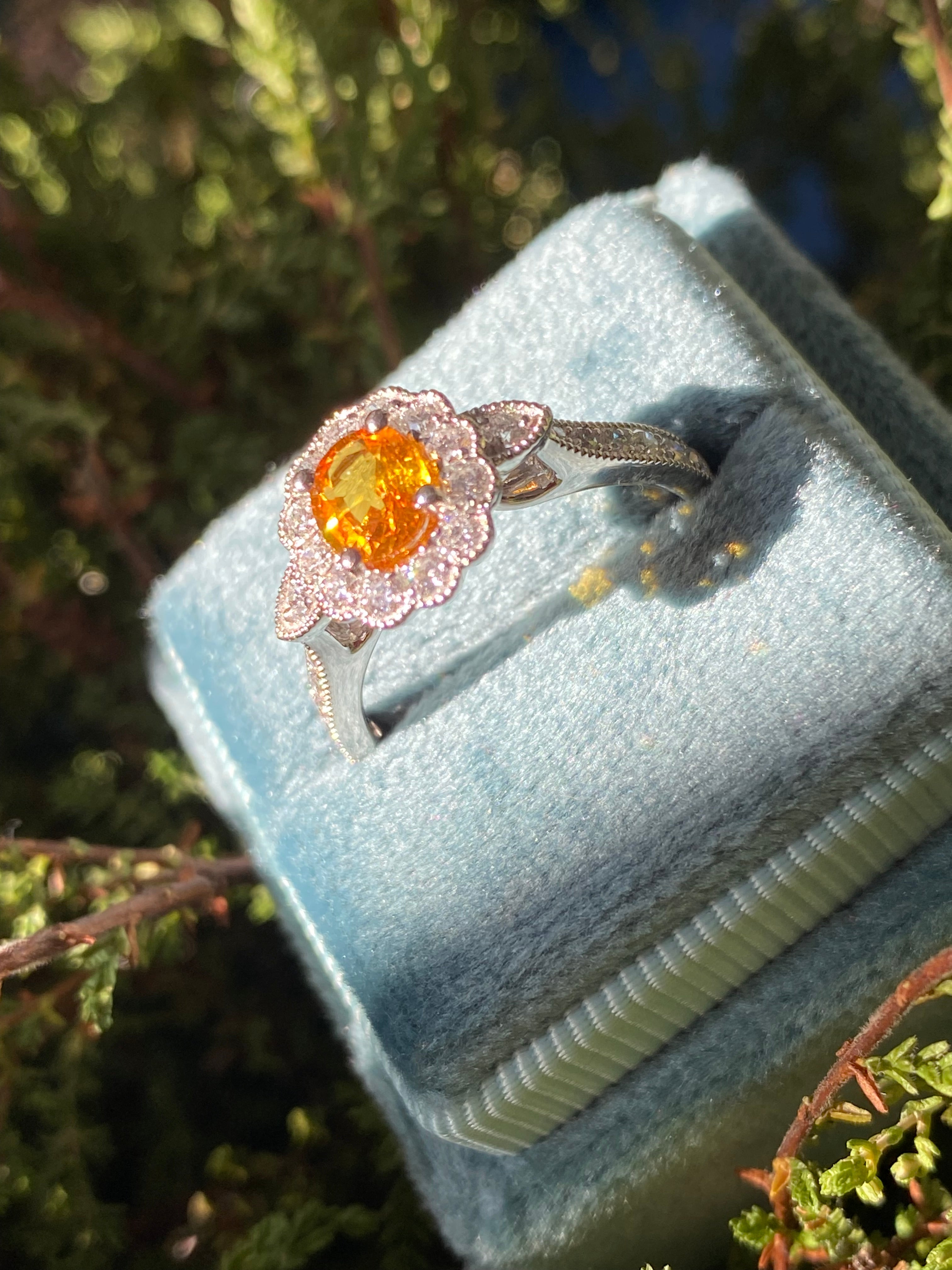 1.20ctw Orangey Yellow Sapphire and Natural Diamond Halo Ring in Platinum