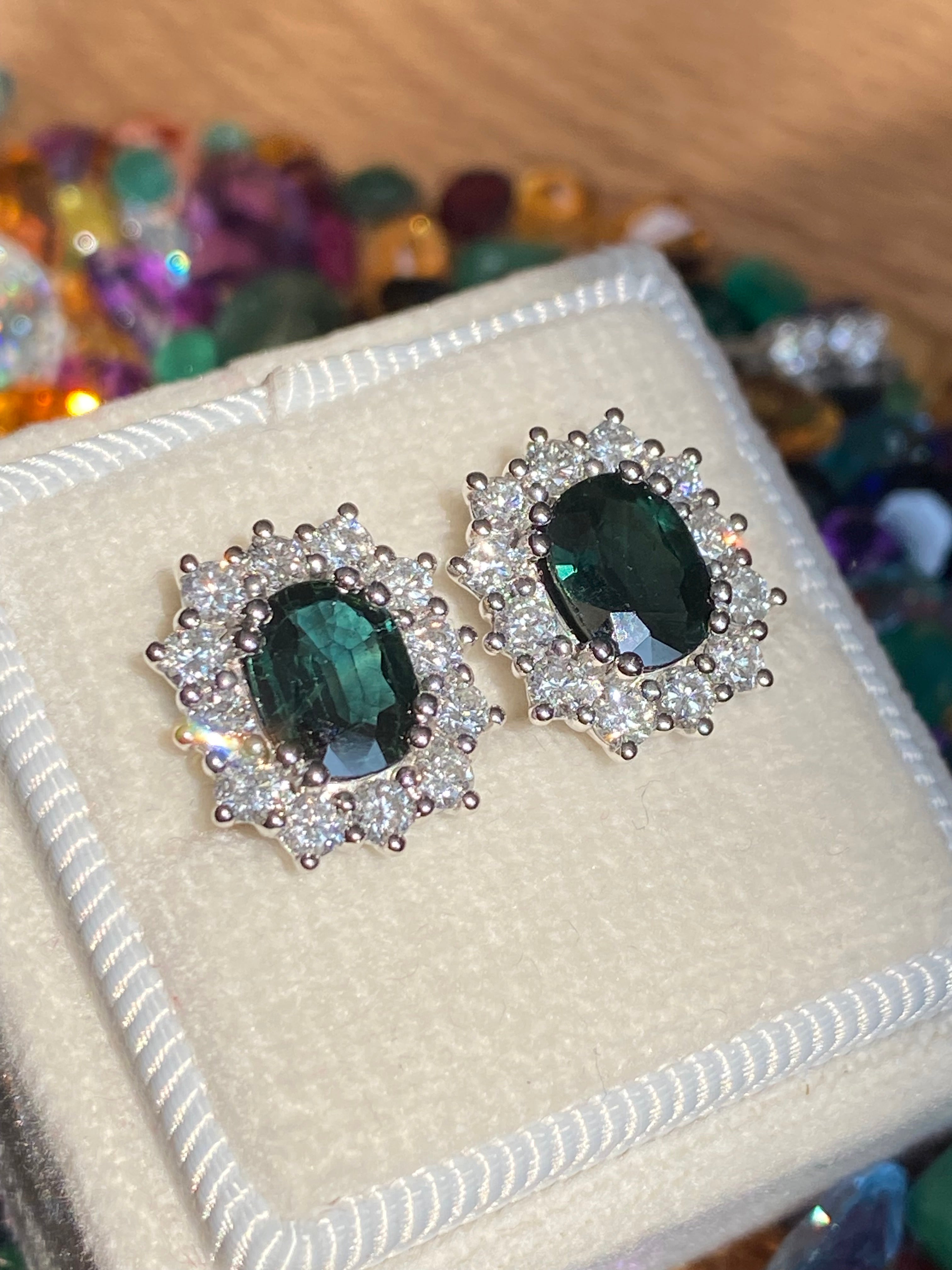 3.77 CTW Teal Sapphire and Natural Diamond Halo Stud Earrings in 18ct White Gold