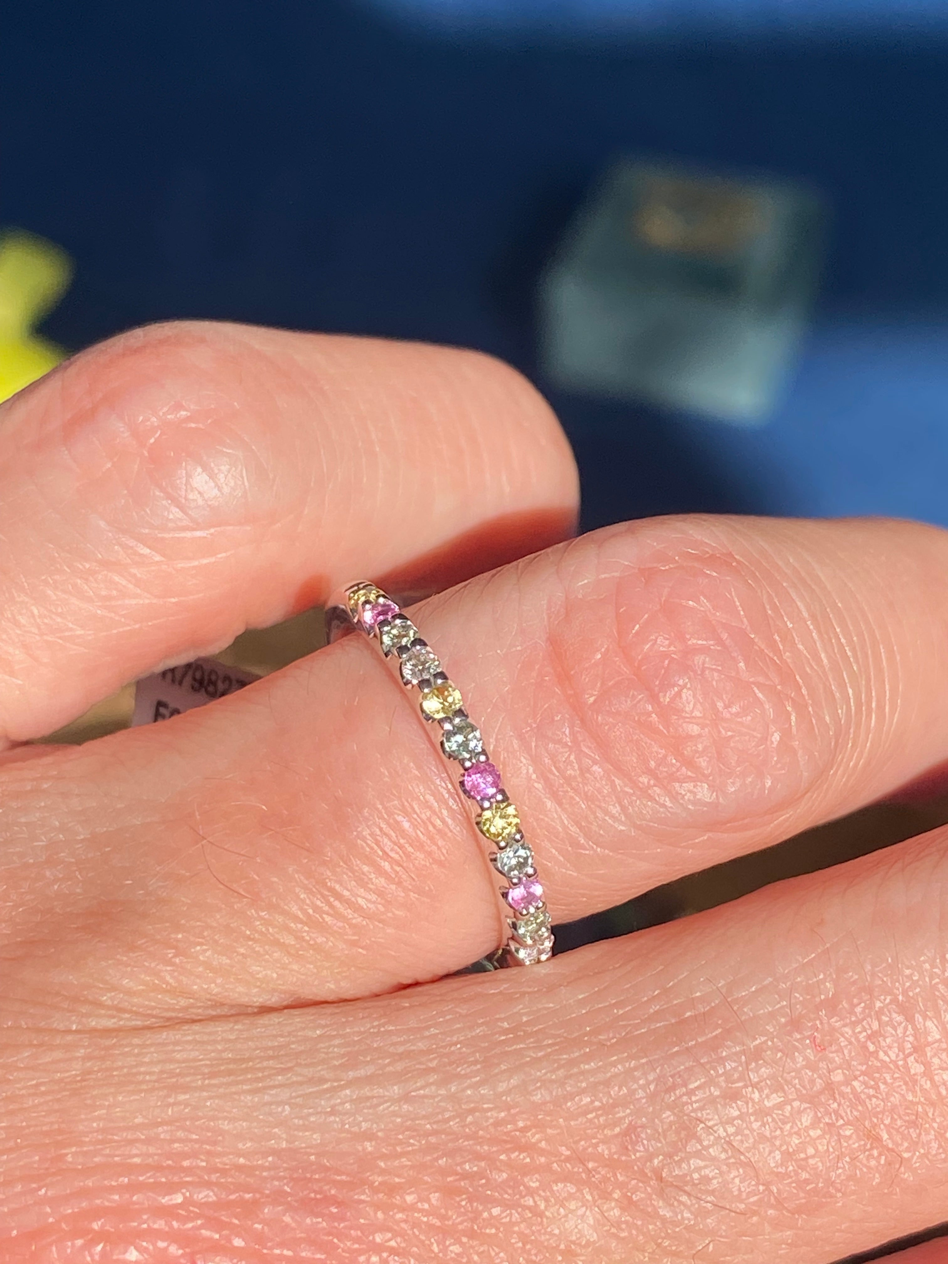 0.37 CTW Sweetshop Yellow, Pink, and Green Sapphire, and Natural Diamond Eternity Ring in 18ct White Gold