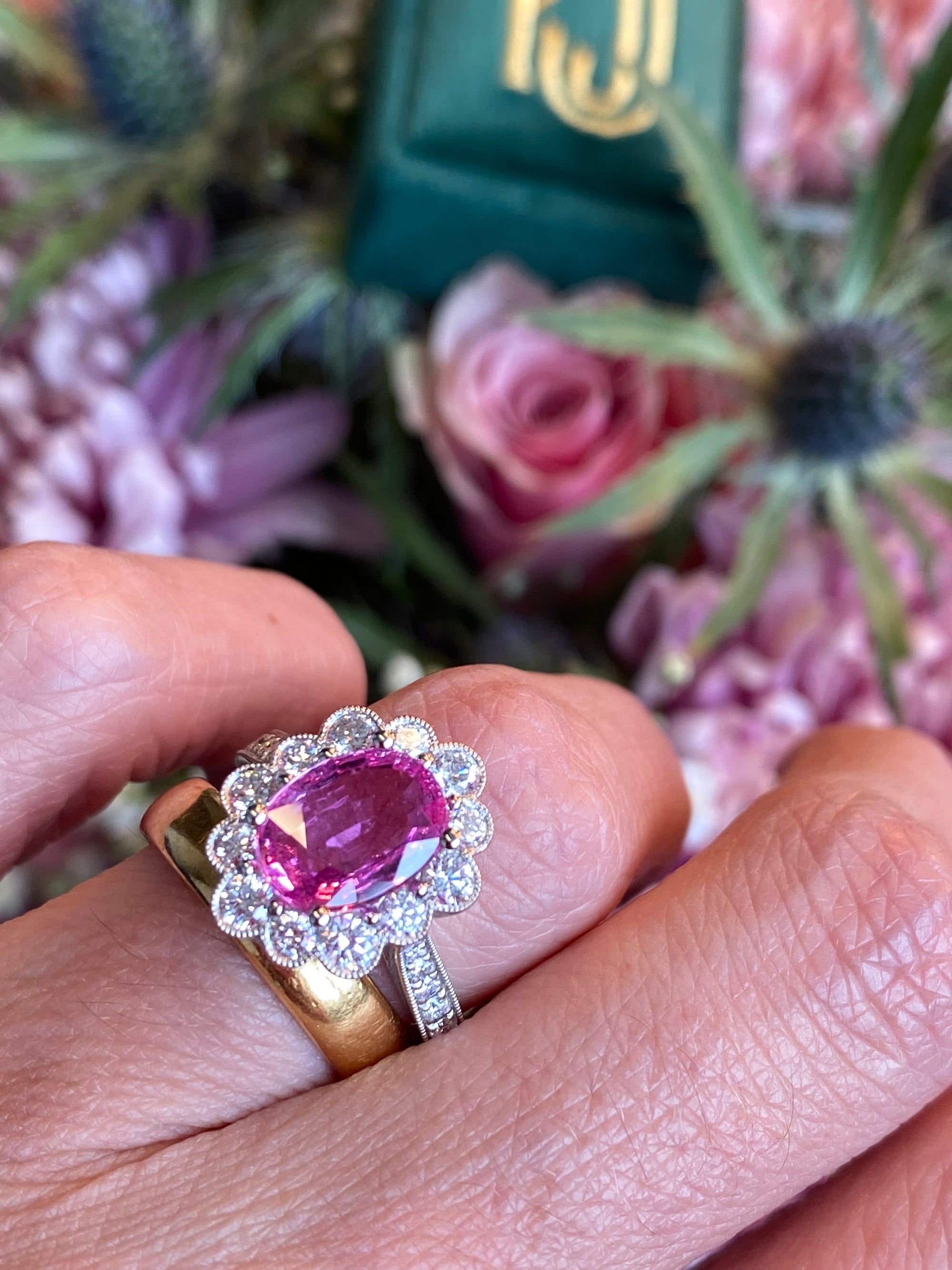 2.92 CTW Oval Cut Pink Sapphire and Natural Diamond Halo Engagement Ring in Platinum