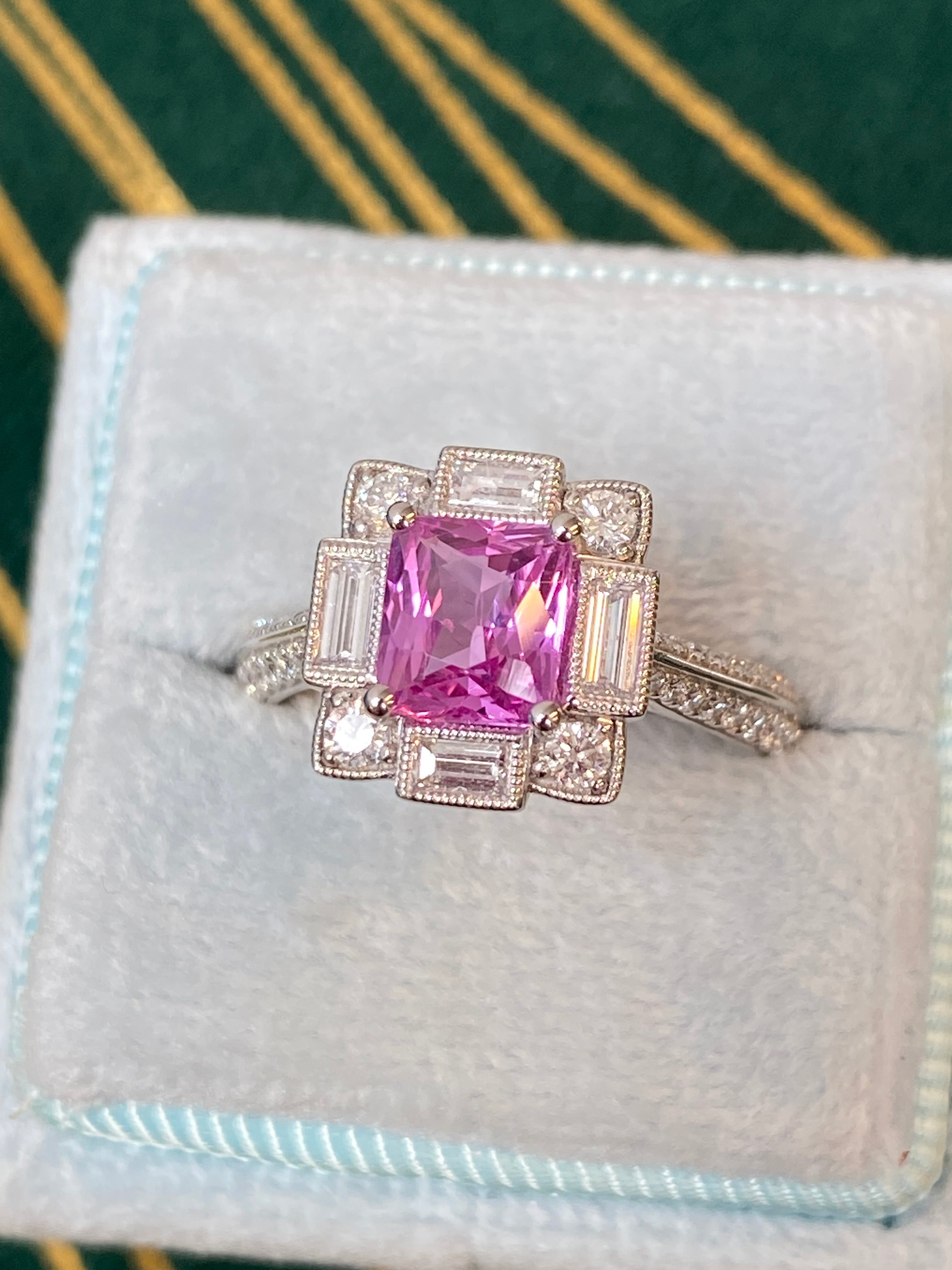 Candy Pink Sapphire Art Deco Style Ring in Platinum