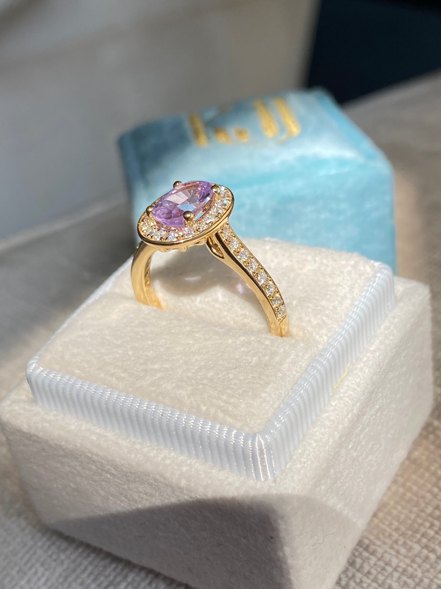 1.37 Carat Lilac Sapphire and Natural Diamond Engagement Ring in 18ct Yellow Gold