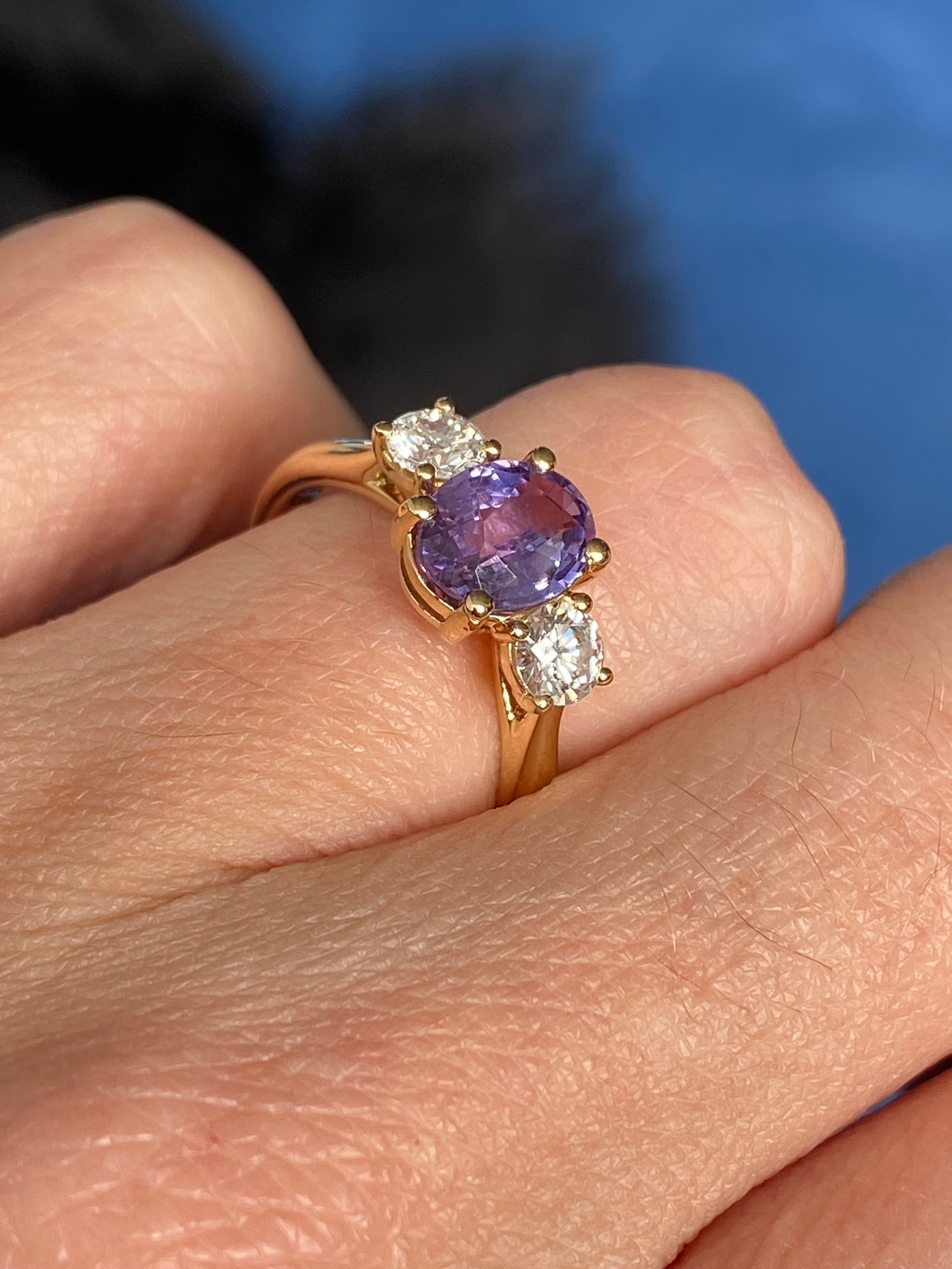 1.82 CTW Purple Sapphire and Natural Diamond Three Stone Ring in 18ct Yellow Gold
