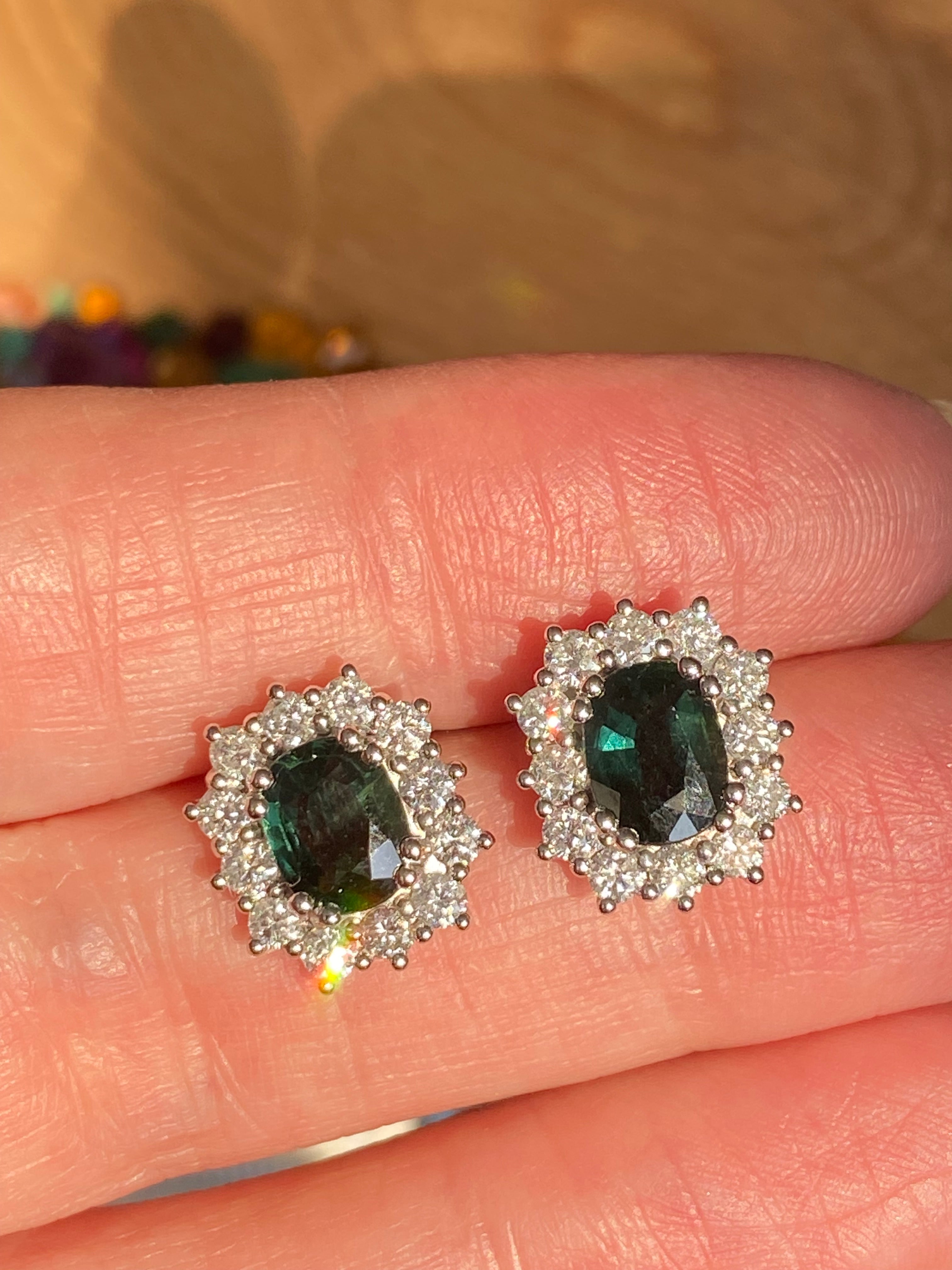 3.77 CTW Teal Sapphire and Natural Diamond Halo Stud Earrings in 18ct White Gold