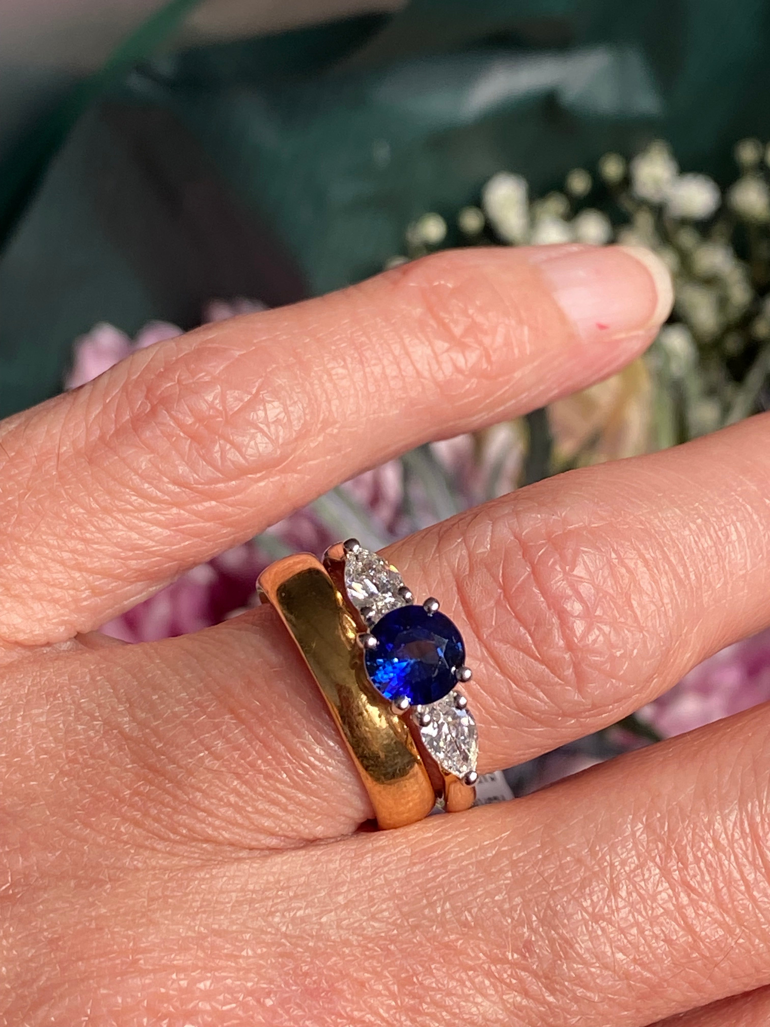 1.52 CTW Blue Ceylon Sapphire and Natural Diamond Three Stone Engagement Ring in Platinum and 18ct Yellow Gold