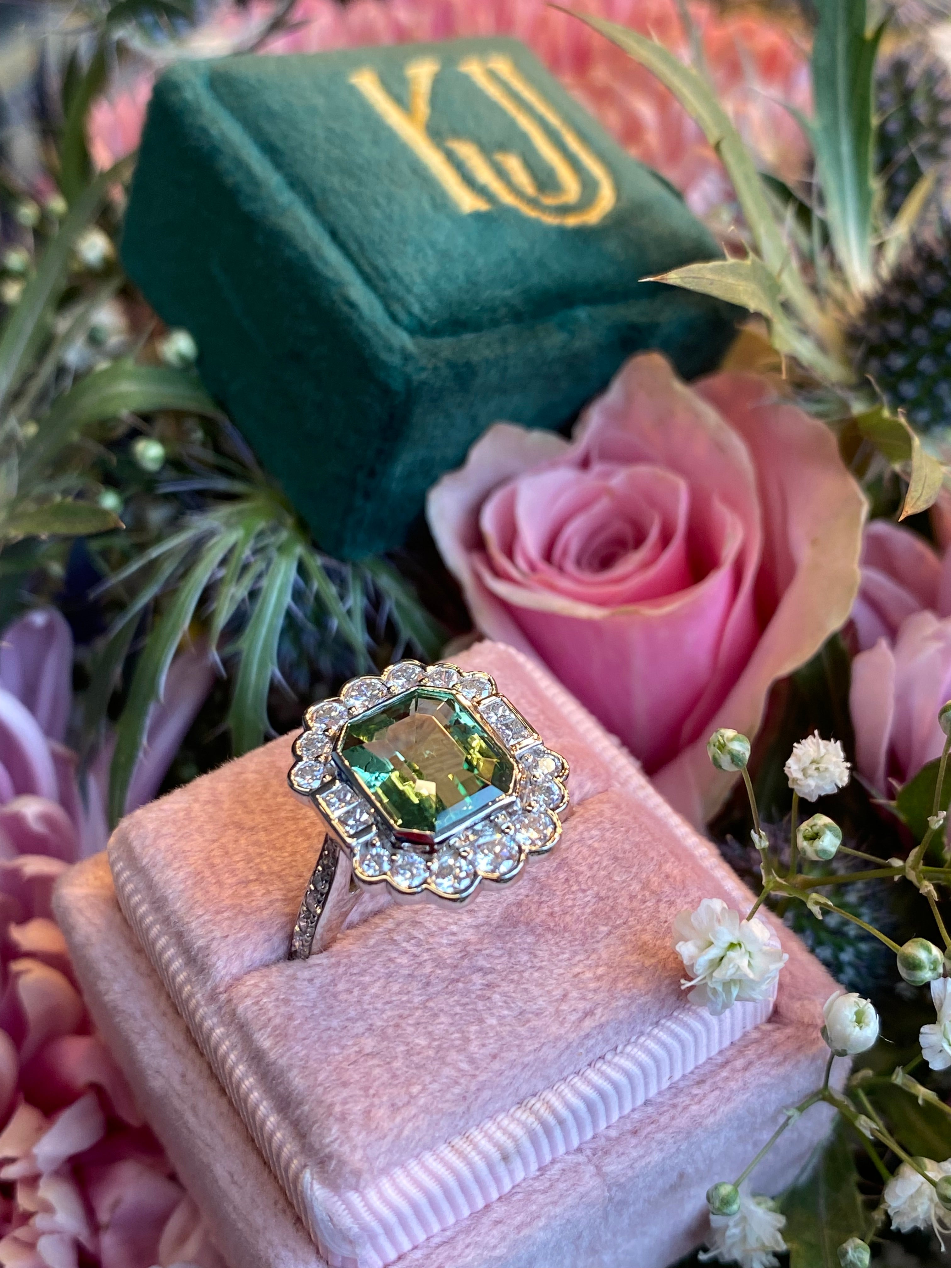 4.01 CTW Emerald Cut Mint Tourmaline and Natural Diamond Ring in Platinum