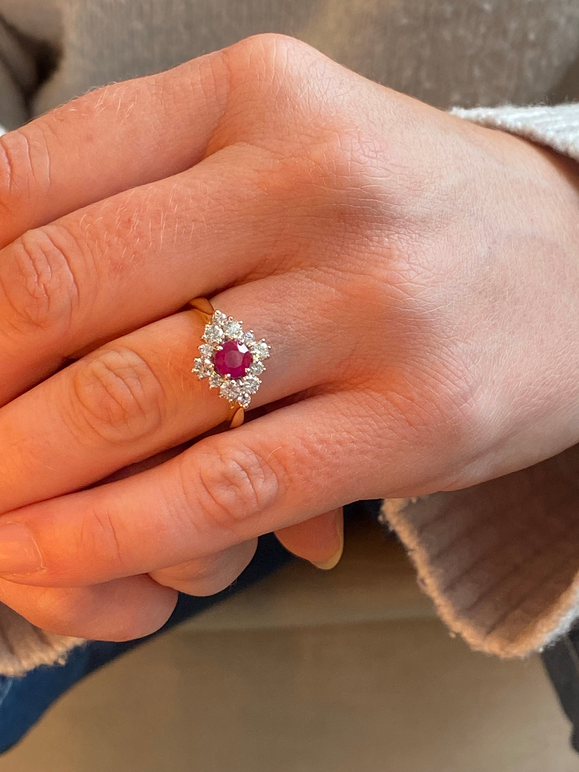 1.31 CTW Round-Cut Ruby and Natural Diamond Halo Ring in 18ct White and Yellow Gold