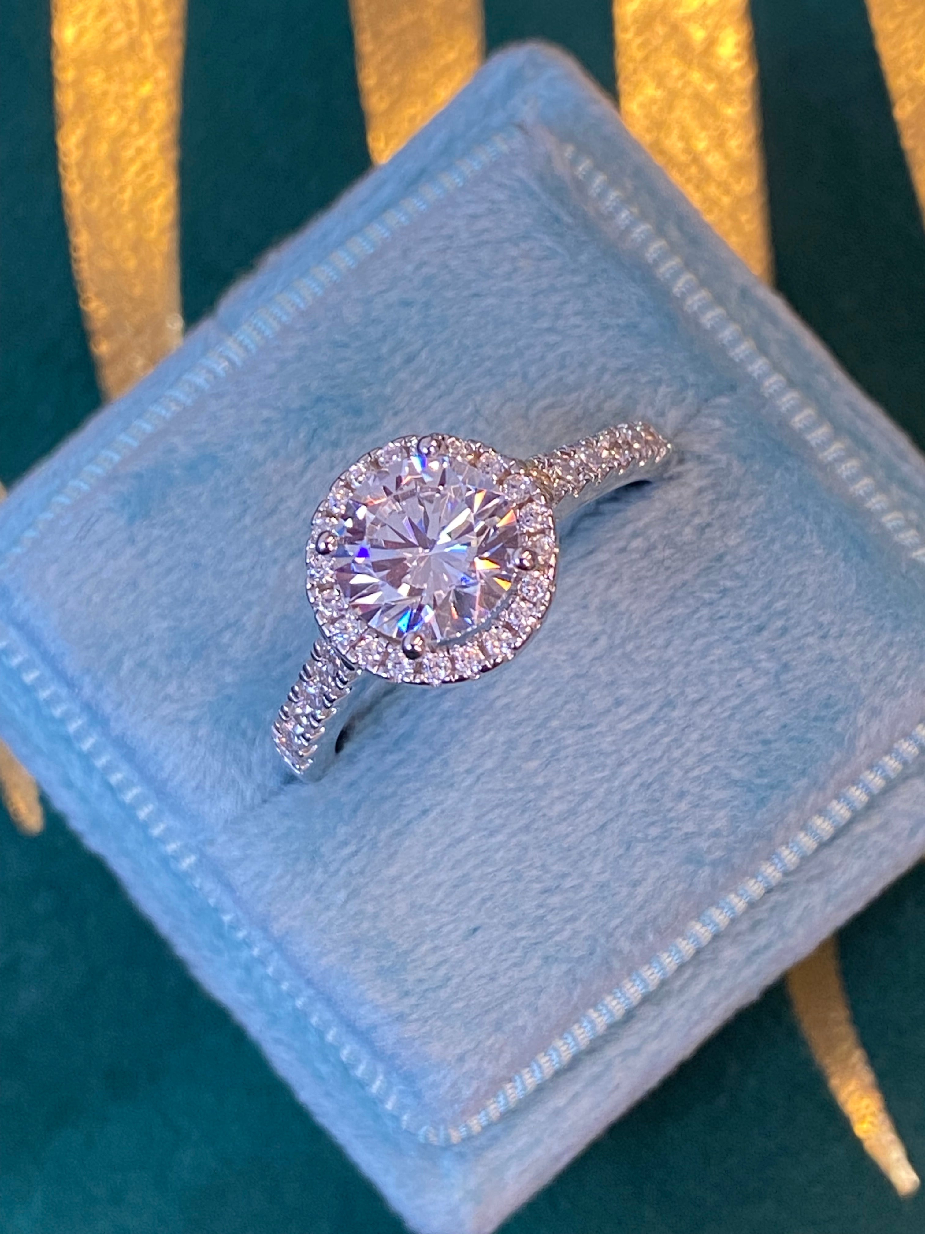 Round Cut Moissanite Halo Engagement and Wedding / Eternity Ring Set in Sterling Silver