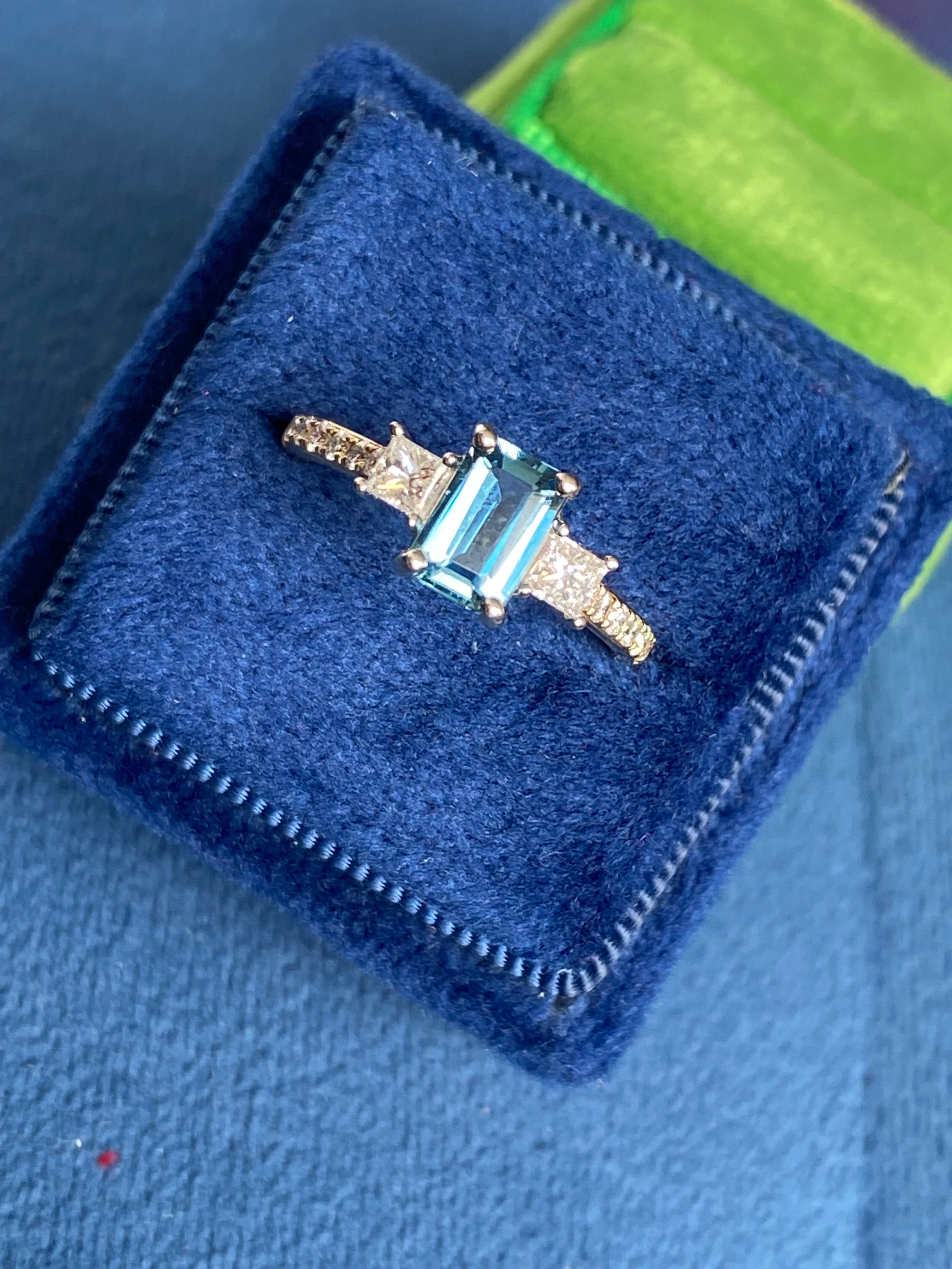 1.18 CTW Aquamarine and Natural Diamond Three Stone Ring in Platinum and 18ct Yellow Gold