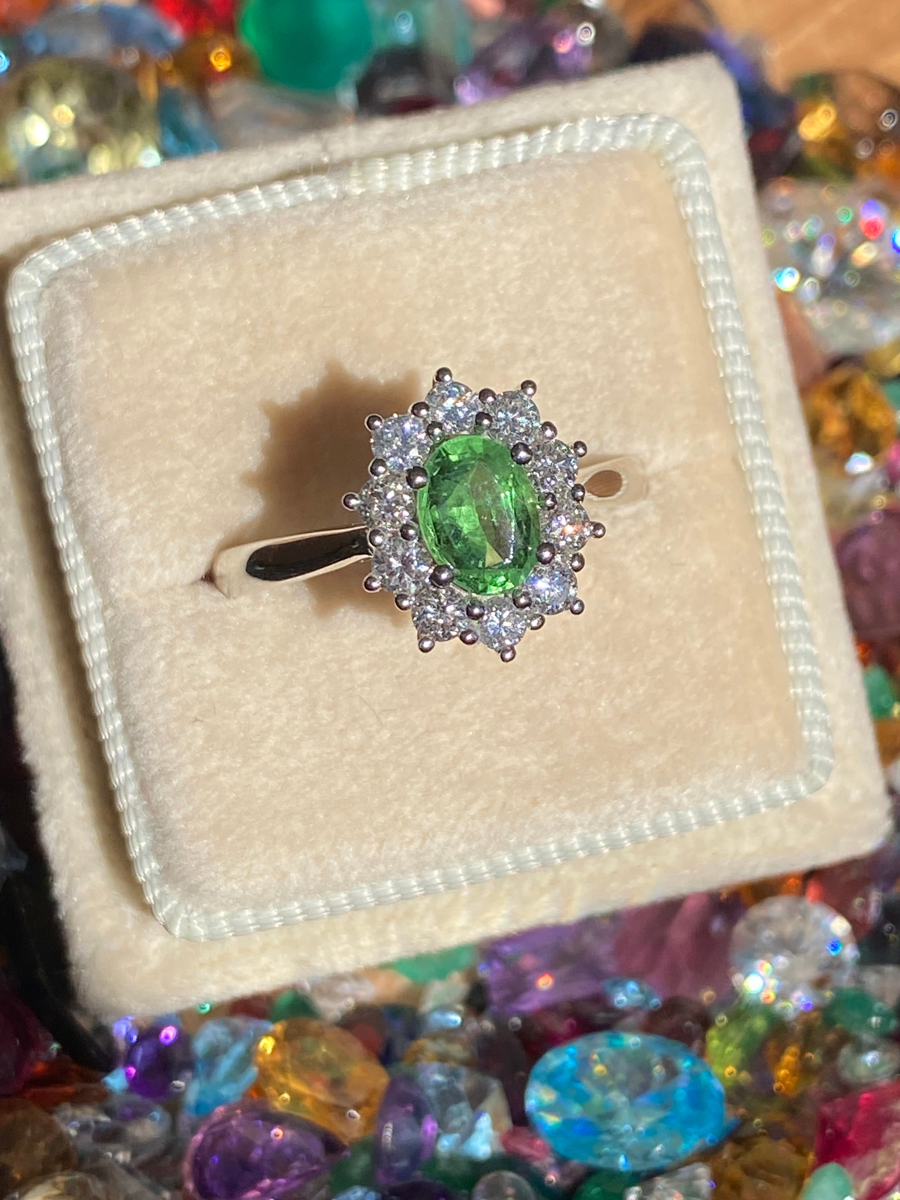 1.32 CTW Tsavorite Garnet and Natural Diamond Halo Ring in Platinum