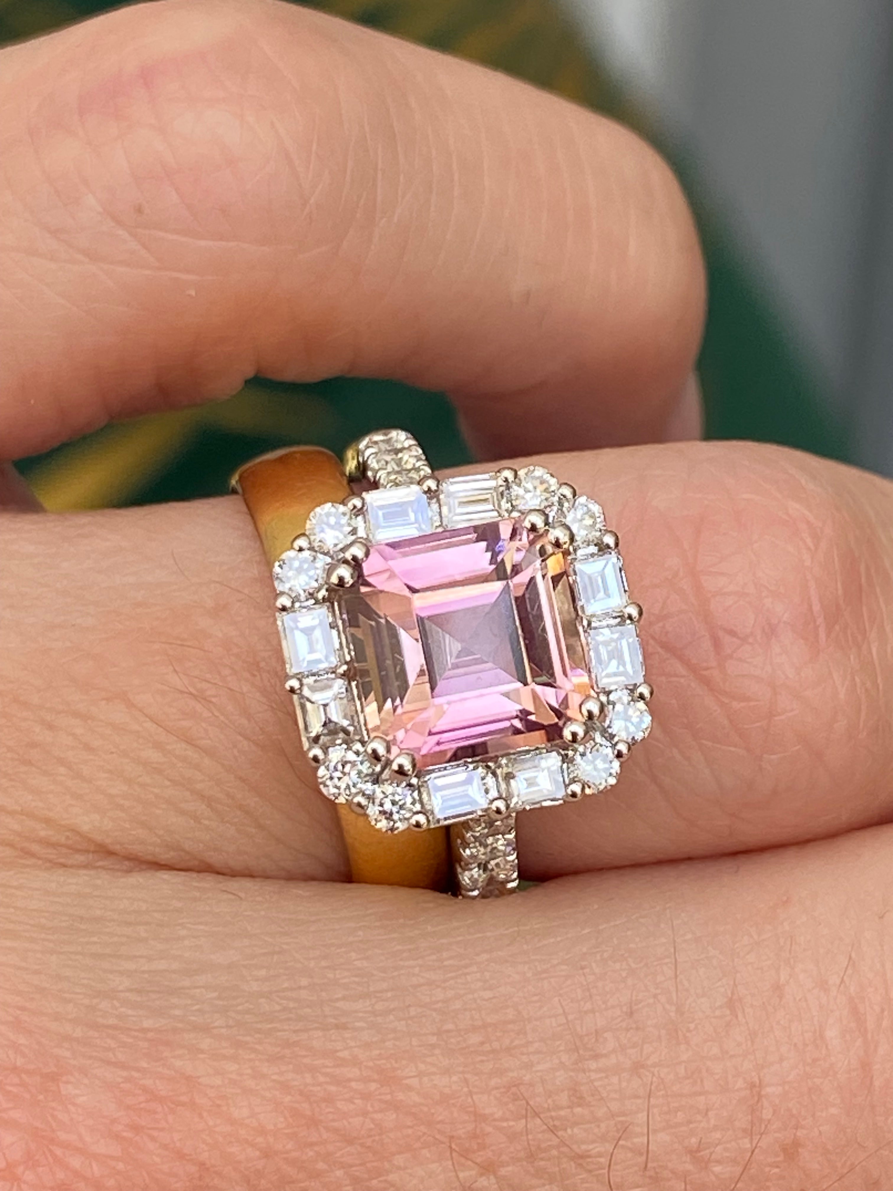 4.71 CTW Emerald Cut Pink Tourmaline and Natural Diamond Halo Ring in Platinum