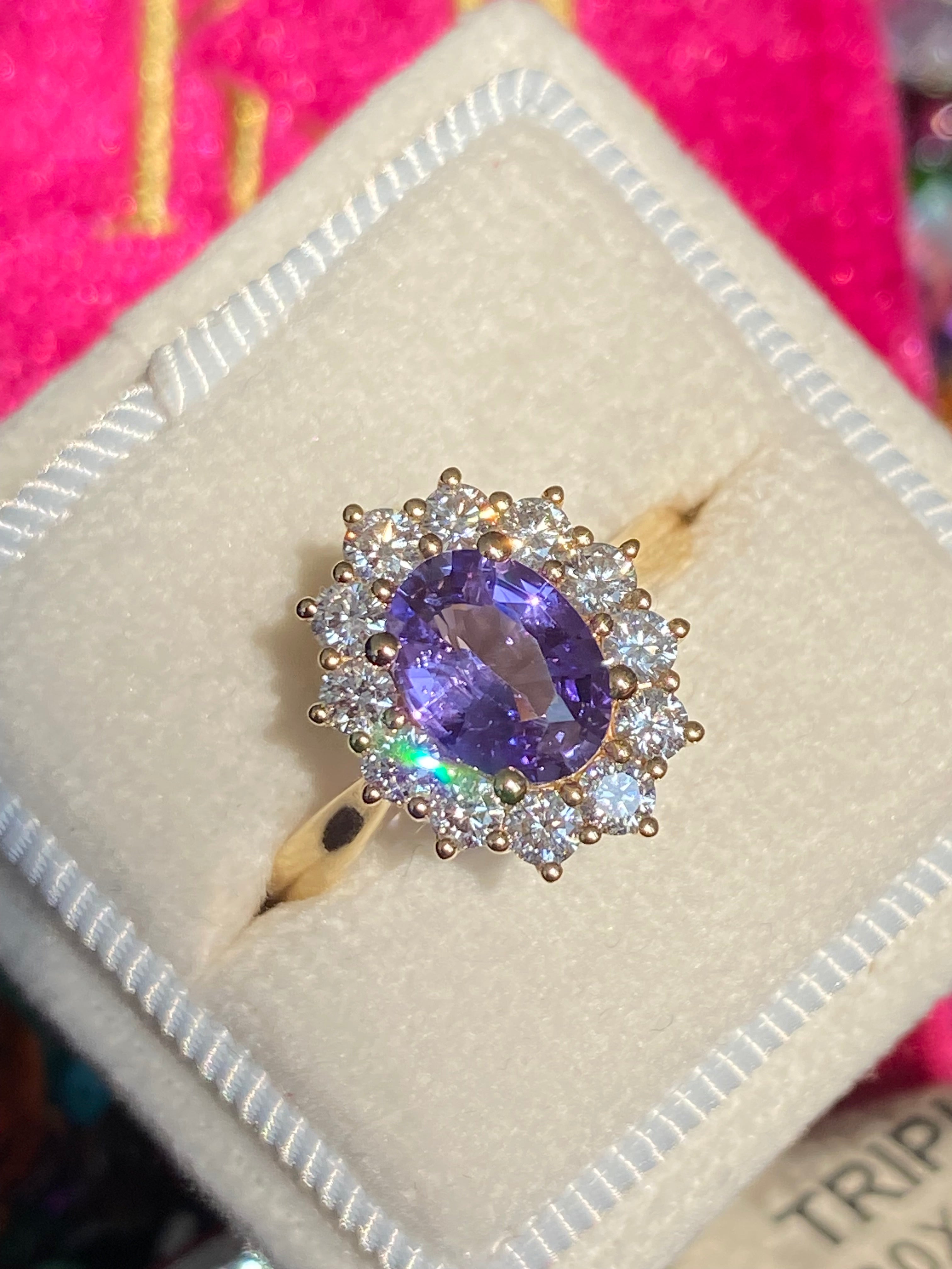 2.08 CTW Violet Sapphire and Natural Diamond Halo Ring in 18ct Yellow Gold