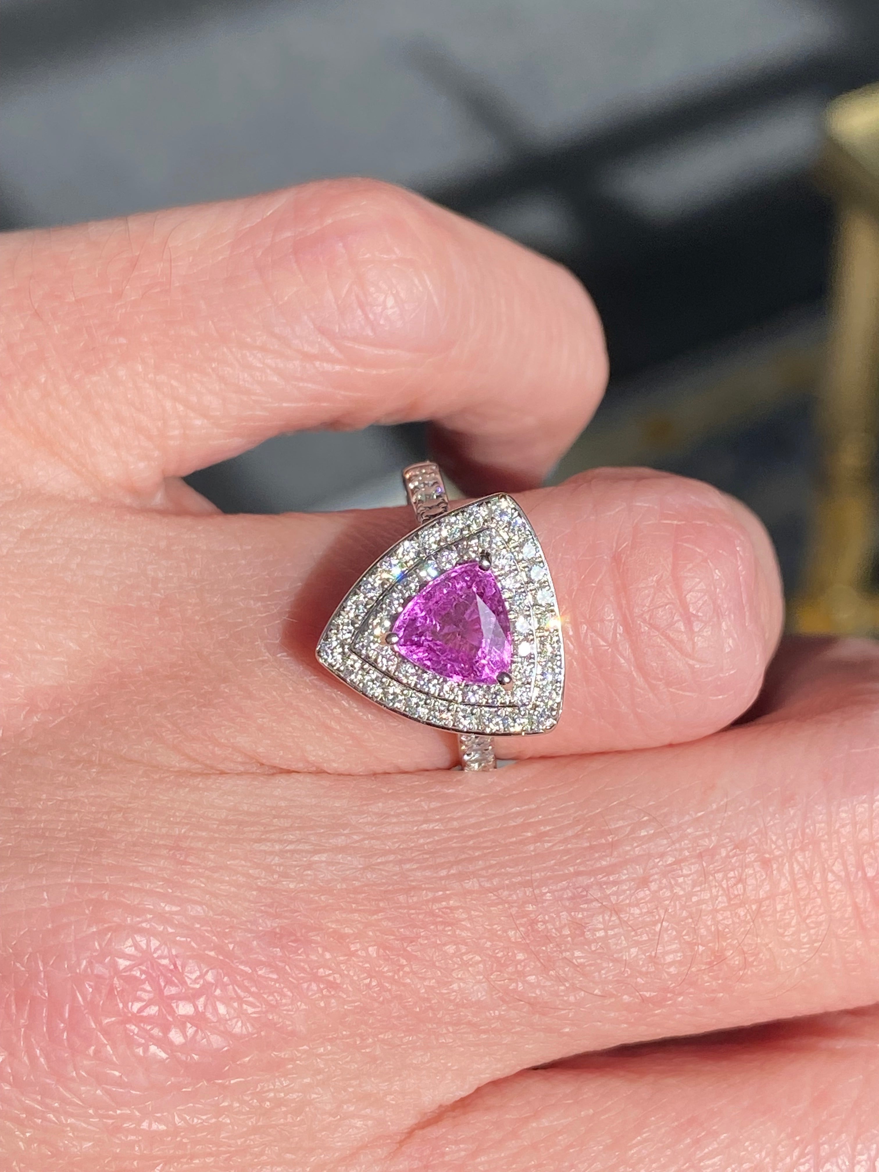 Pink Sapphire Trillion Cut Ring in Platinum