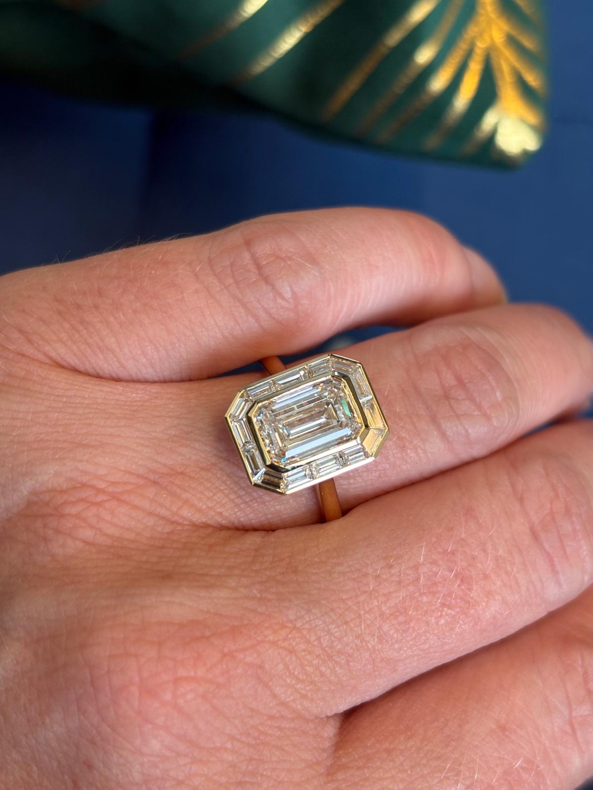 3.74 CTW Emerald Cut Lab Diamond Halo Engagement Ring in 18ct Yellow Gold