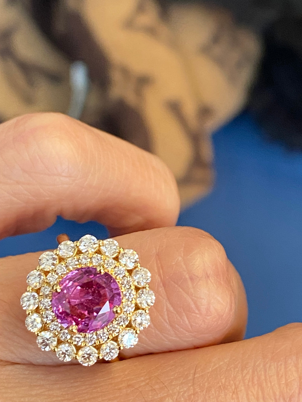 3.45 CTW Round Cut Pink Sapphire and Natural Diamond Halo Engagement Ring in 18ct Yellow Gold