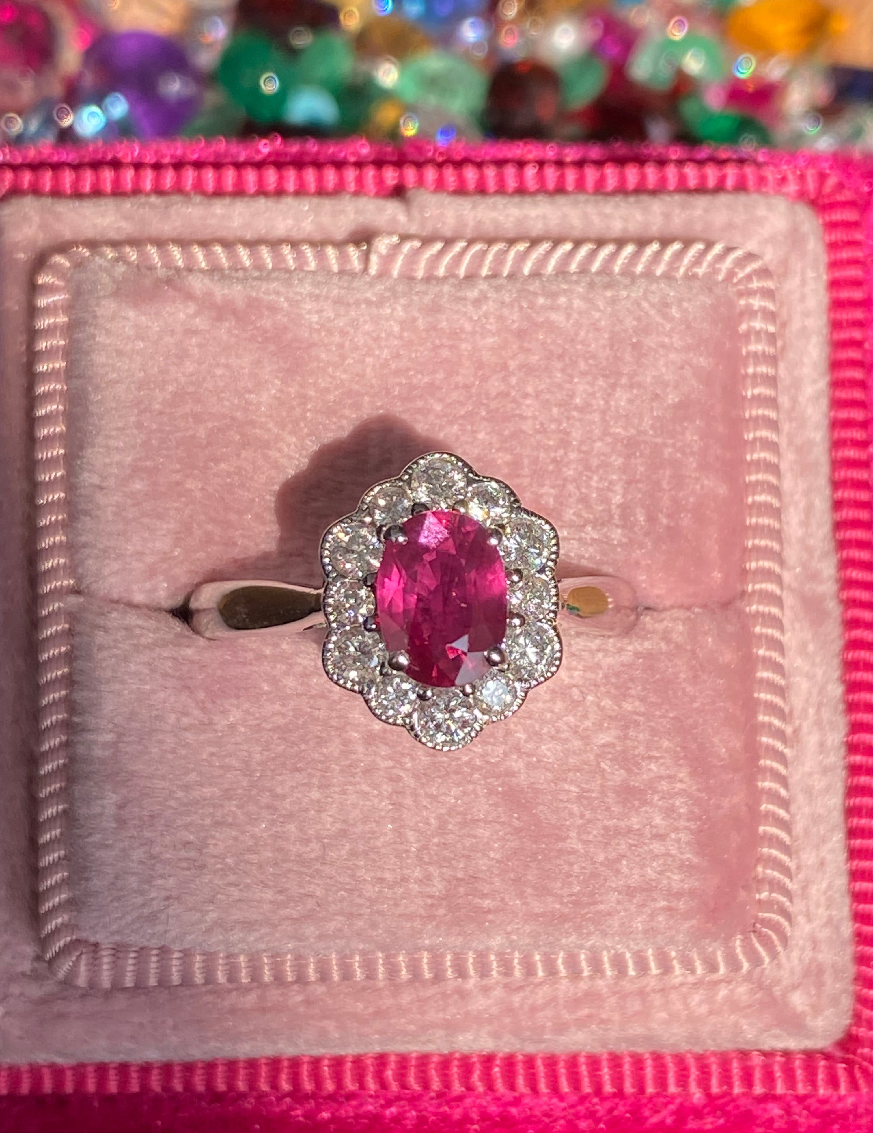1.49 CTW Ruby and Natural Diamond Halo Ring in 18ct White Gold