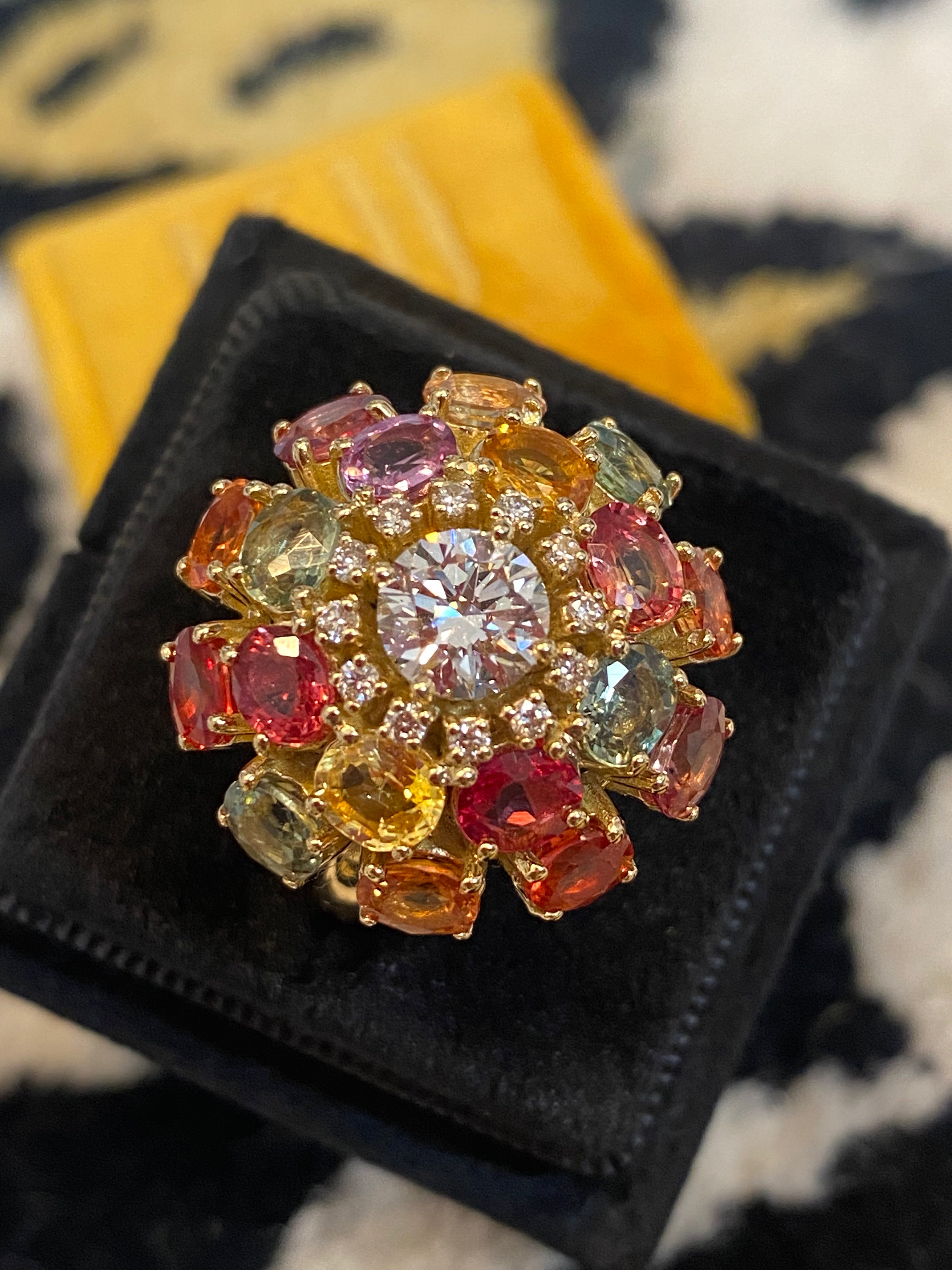 8.08 CTW Natural Diamond and Sapphire Bombe Cluster Ring in 18ct Yellow Gold
