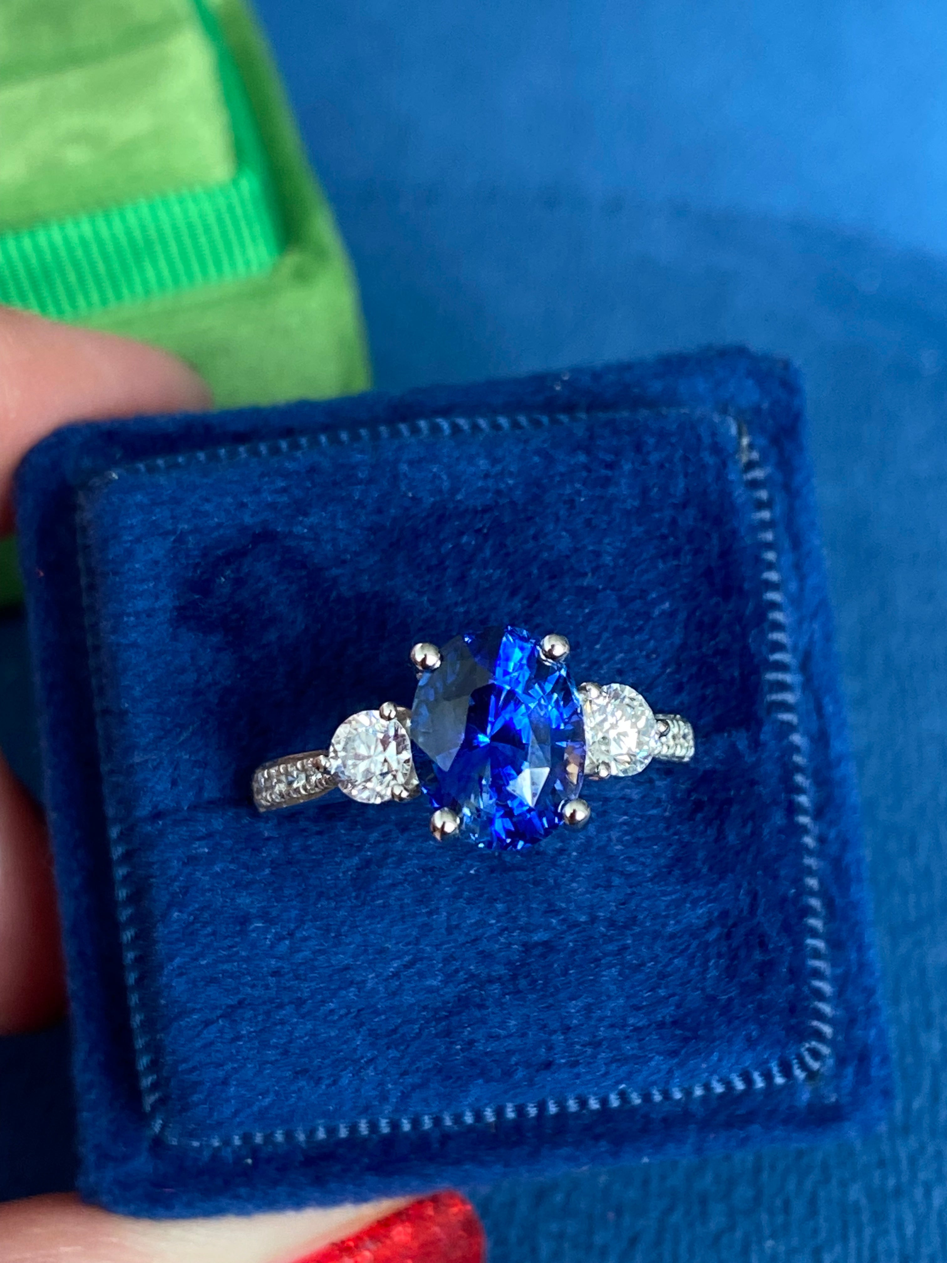 3.68 CTW Blue Ceylon Sapphire and Natural Diamond Three Stone Engagement Ring in Platinum