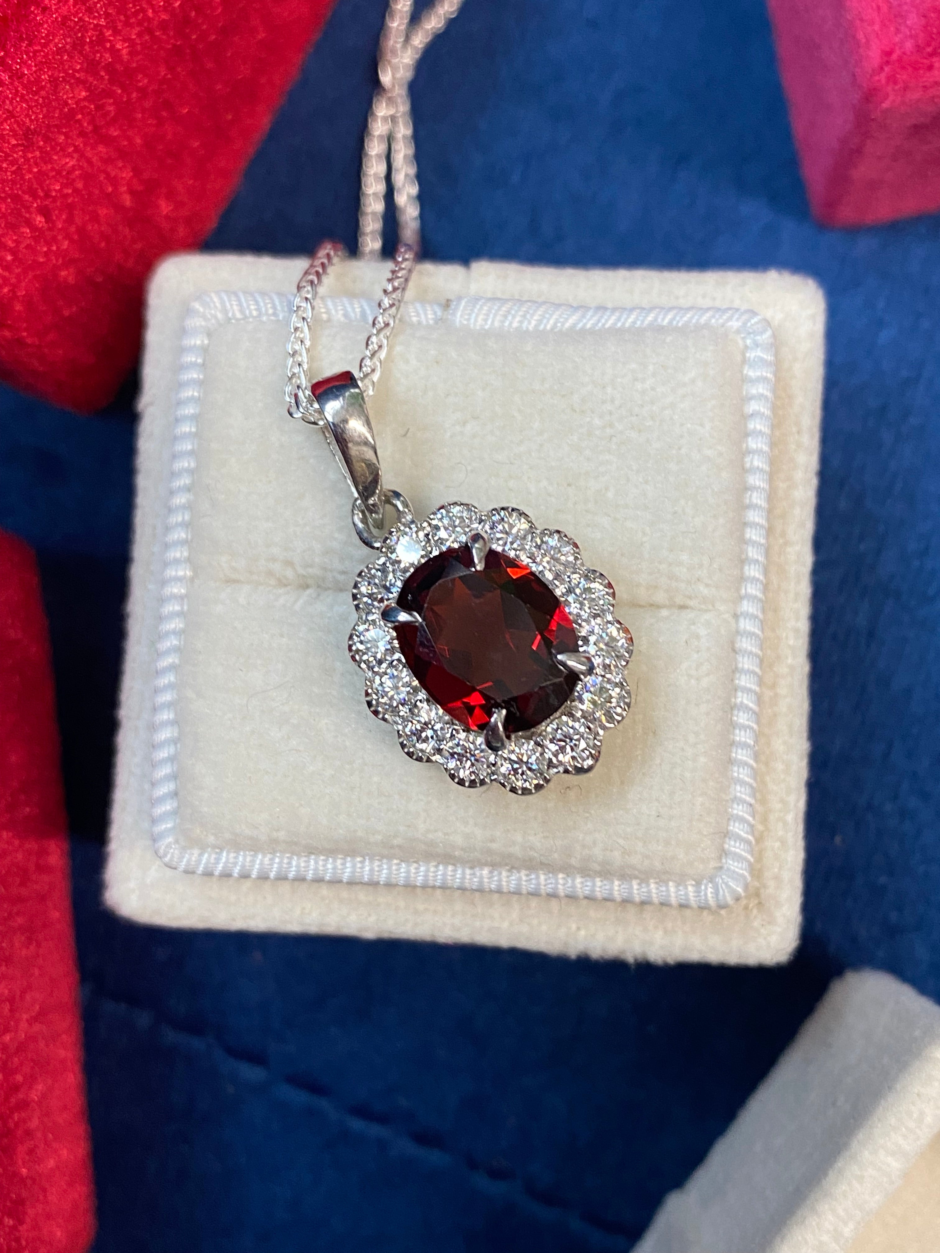 5.00 CTW Garnet and Moissanite Halo Pendant Necklace in Sterling Silver