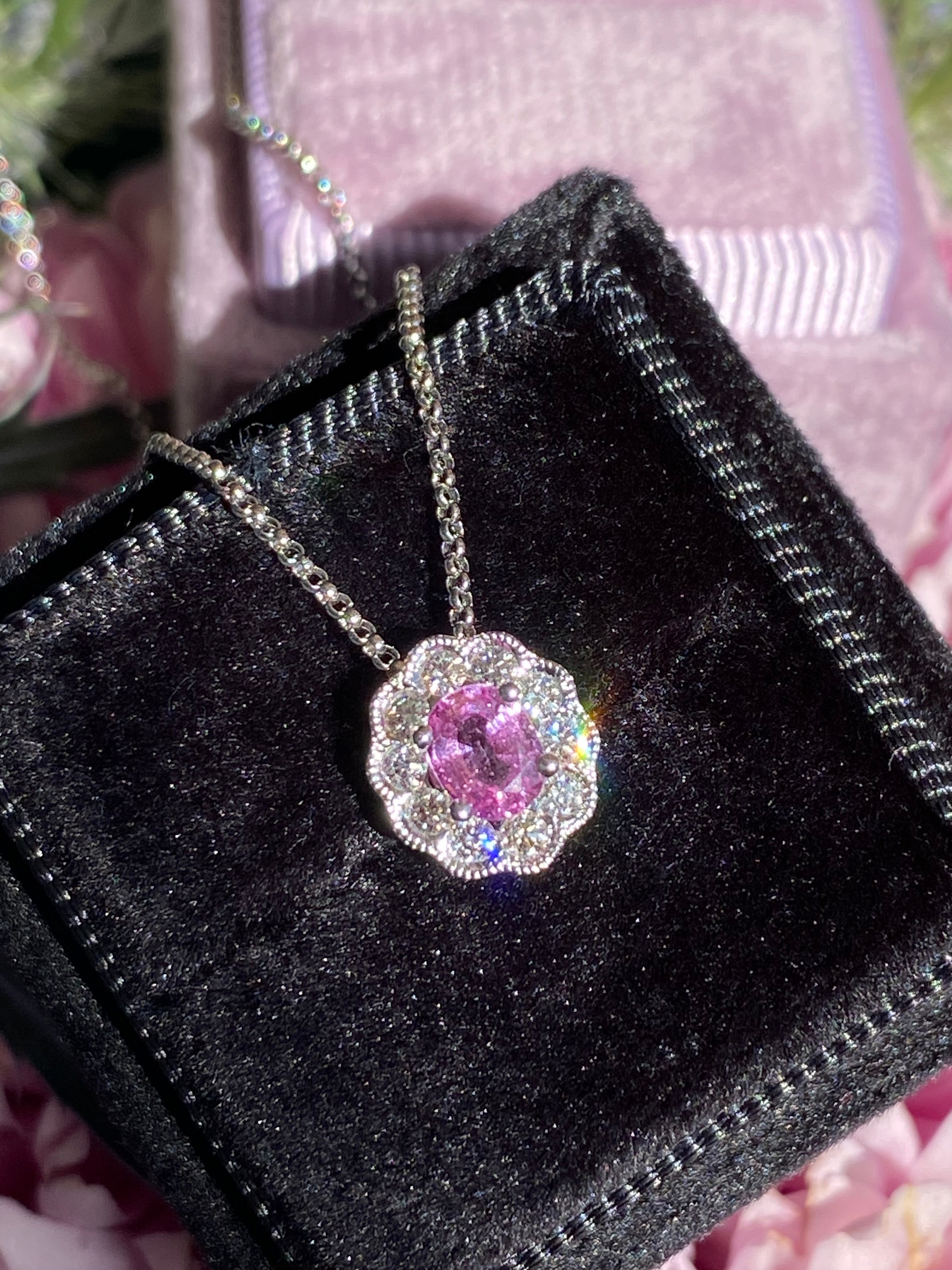 0.70 CTW Pink Sapphire and Natural Diamond Pendant Necklace in 18ct White Gold